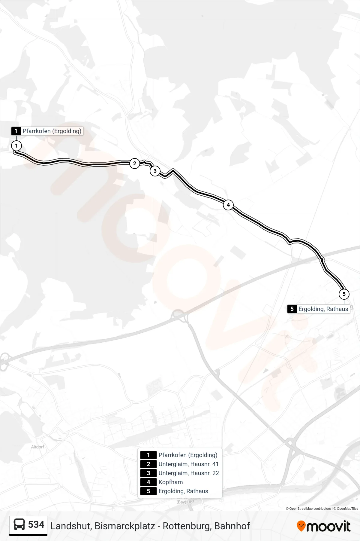 534 bus Line (Ergolding Rathaus) route and stops on a map