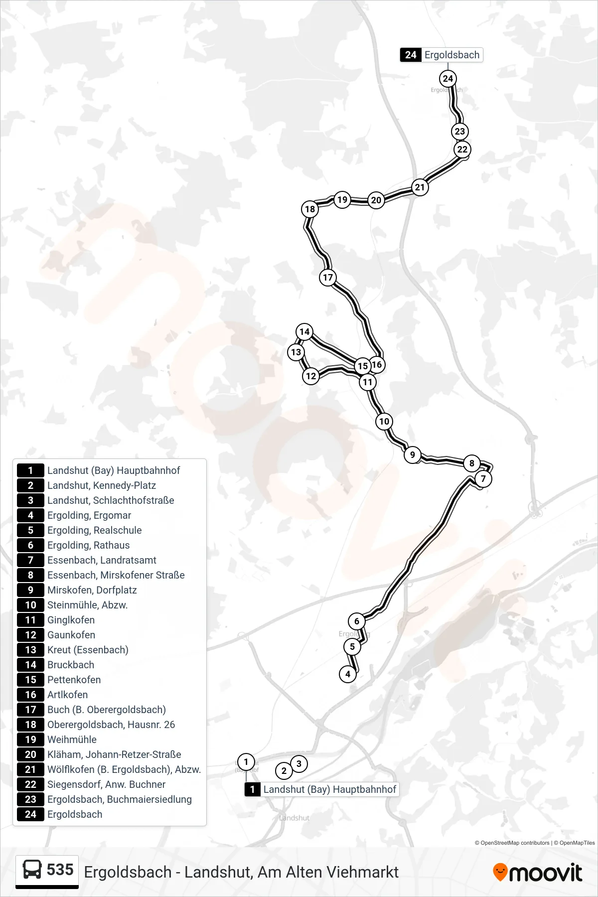 535 bus Line (Ergoldsbach) route and stops on a map