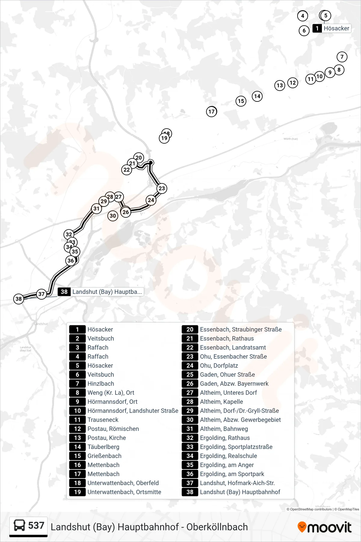 537 bus Line (Landshut (Bay) Hauptbahnhof) route and stops on a map