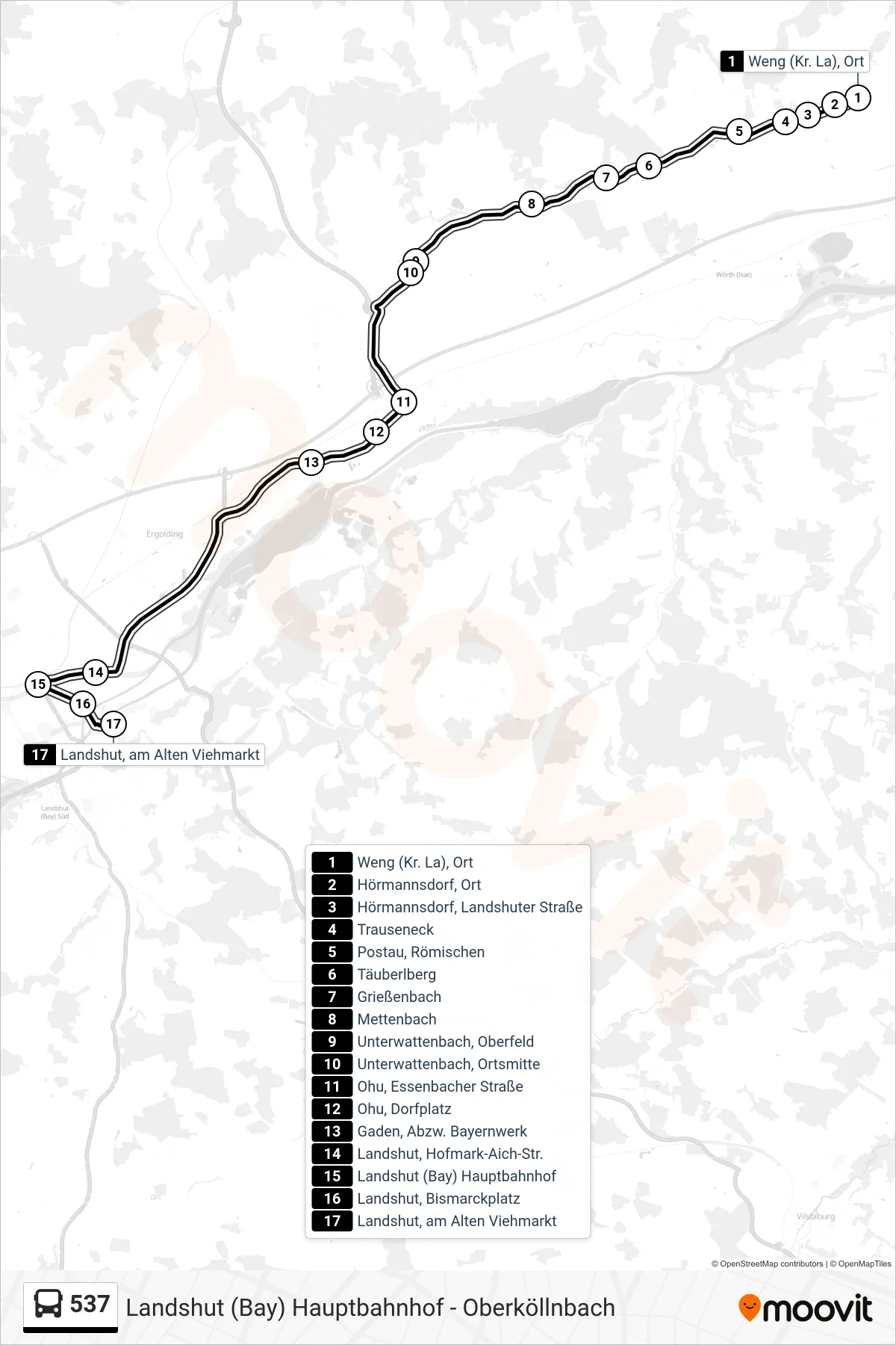 537 bus Line (Landshut, am Alten Viehmarkt) route and stops on a map