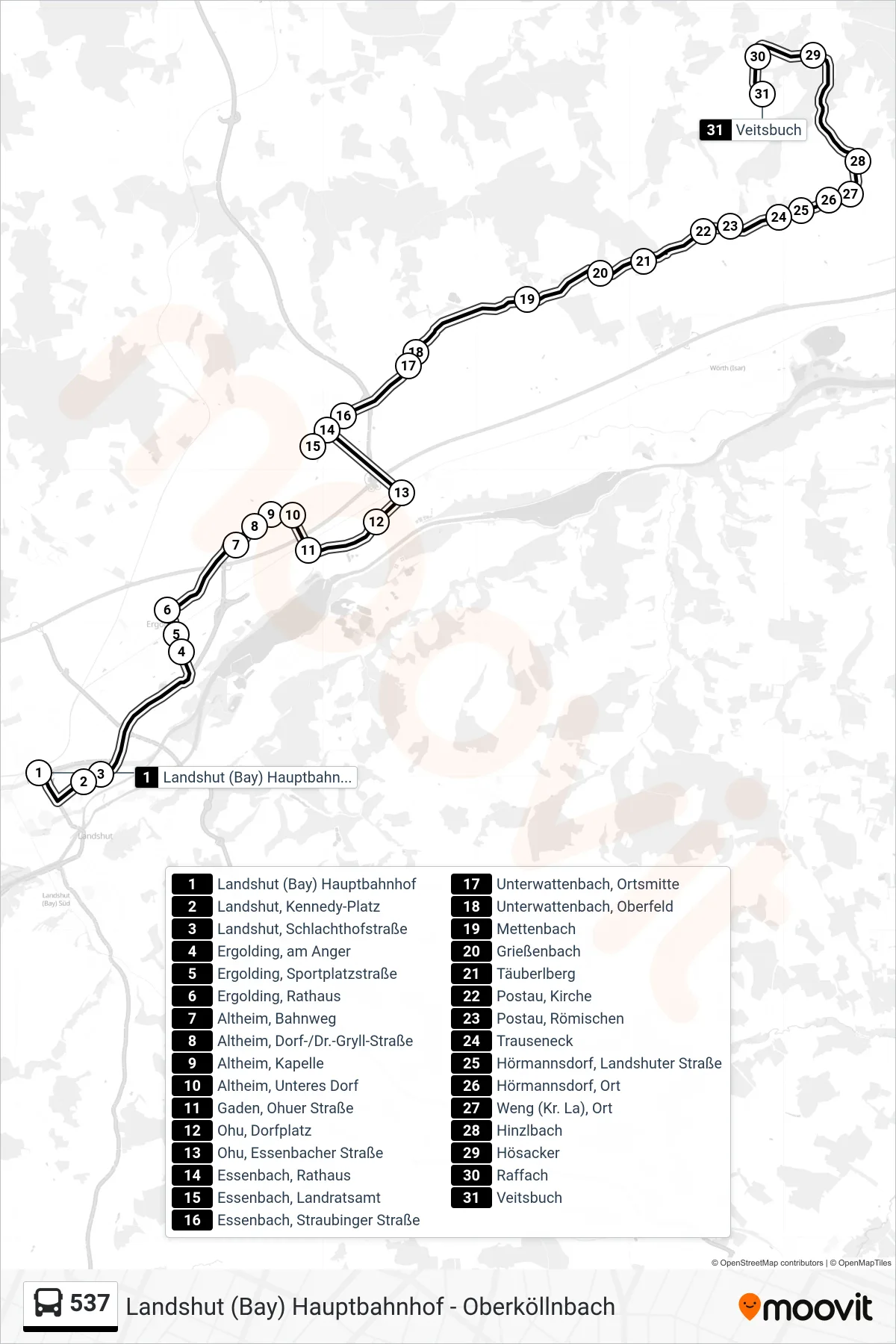 537 bus Line (Veitsbuch) route and stops on a map