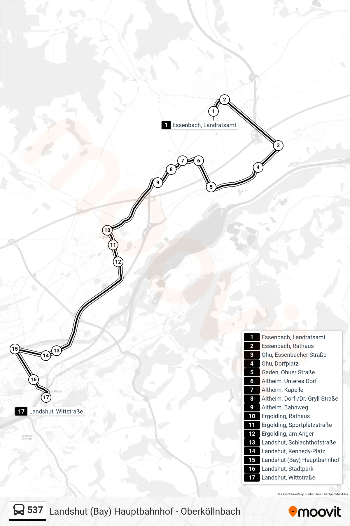 537 bus Line (Landshut, Wittstraße) route and stops on a map