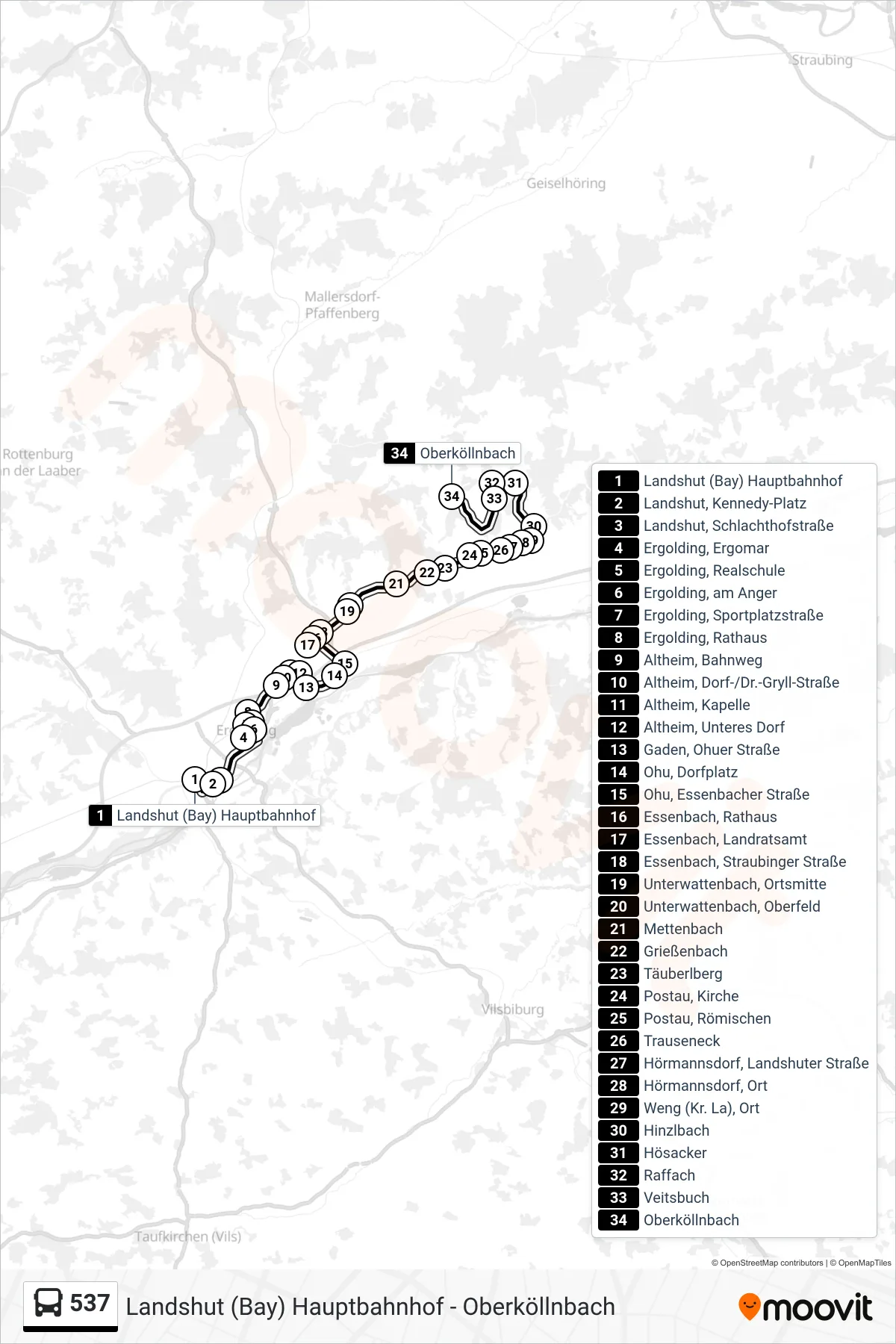537 bus Line (Oberköllnbach) route and stops on a map