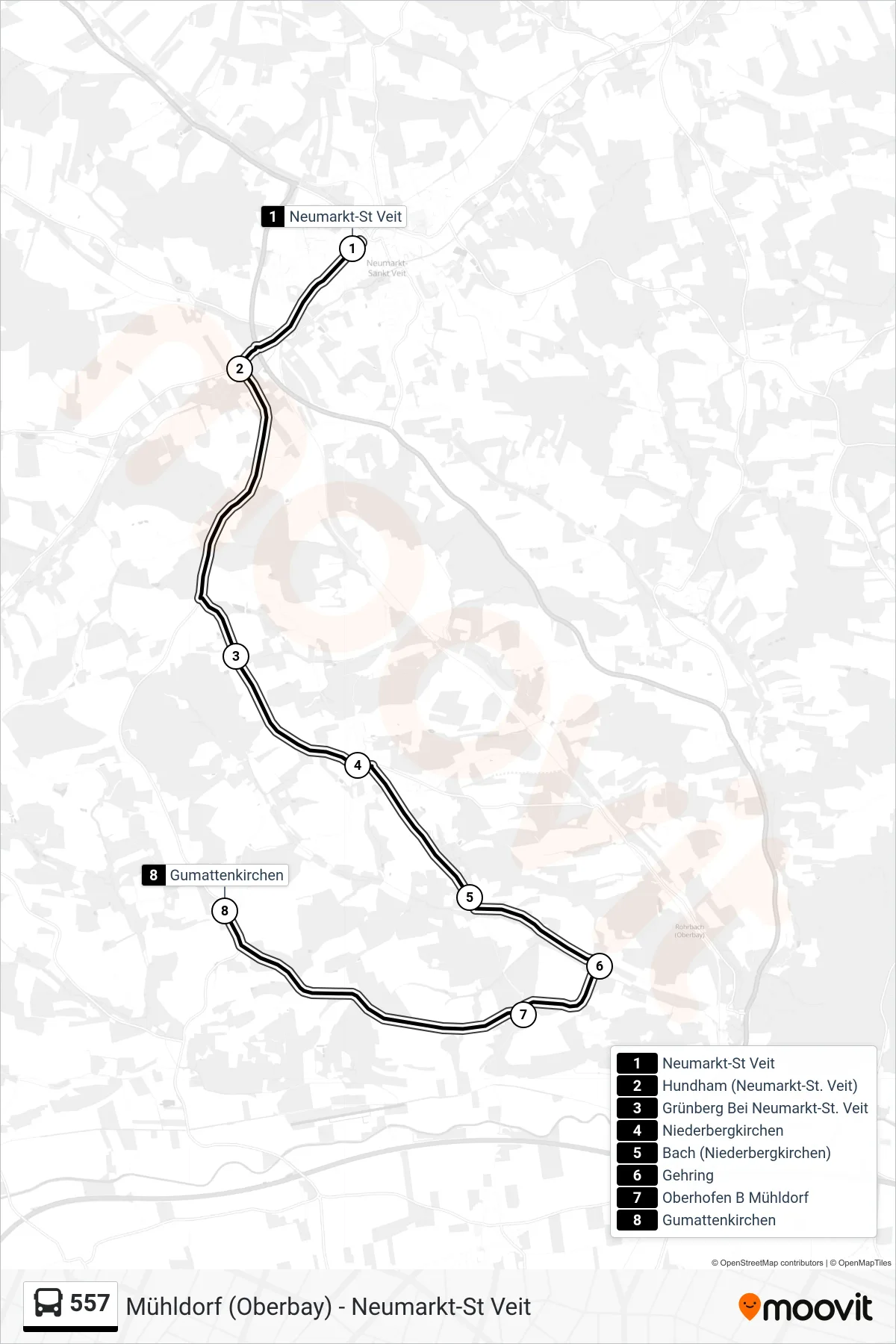 557 bus Line (Gumattenkirchen) route and stops on a map