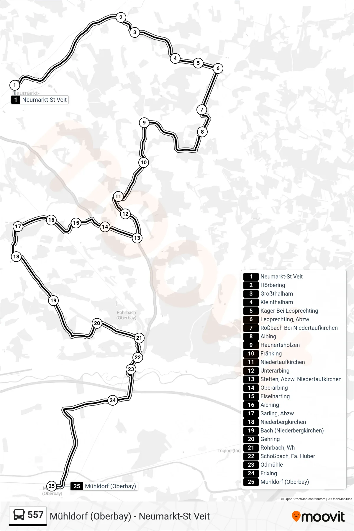557 bus Line (Mühldorf (Oberbay)) route and stops on a map
