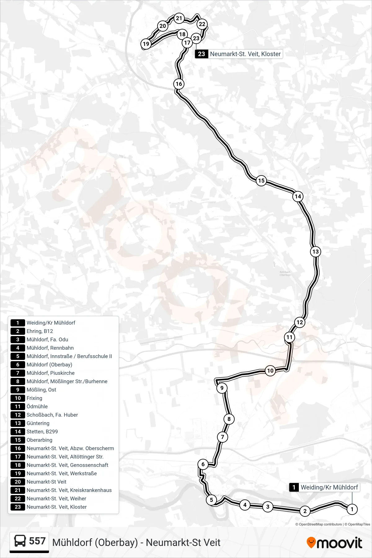 557 bus Line (Neumarkt-St. Veit, Kloster) route and stops on a map