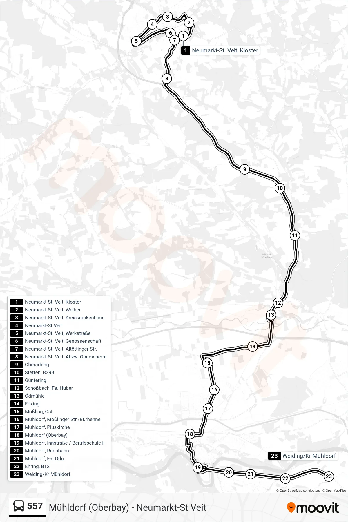 557 bus Line (Weiding/Kr Mühldorf) route and stops on a map