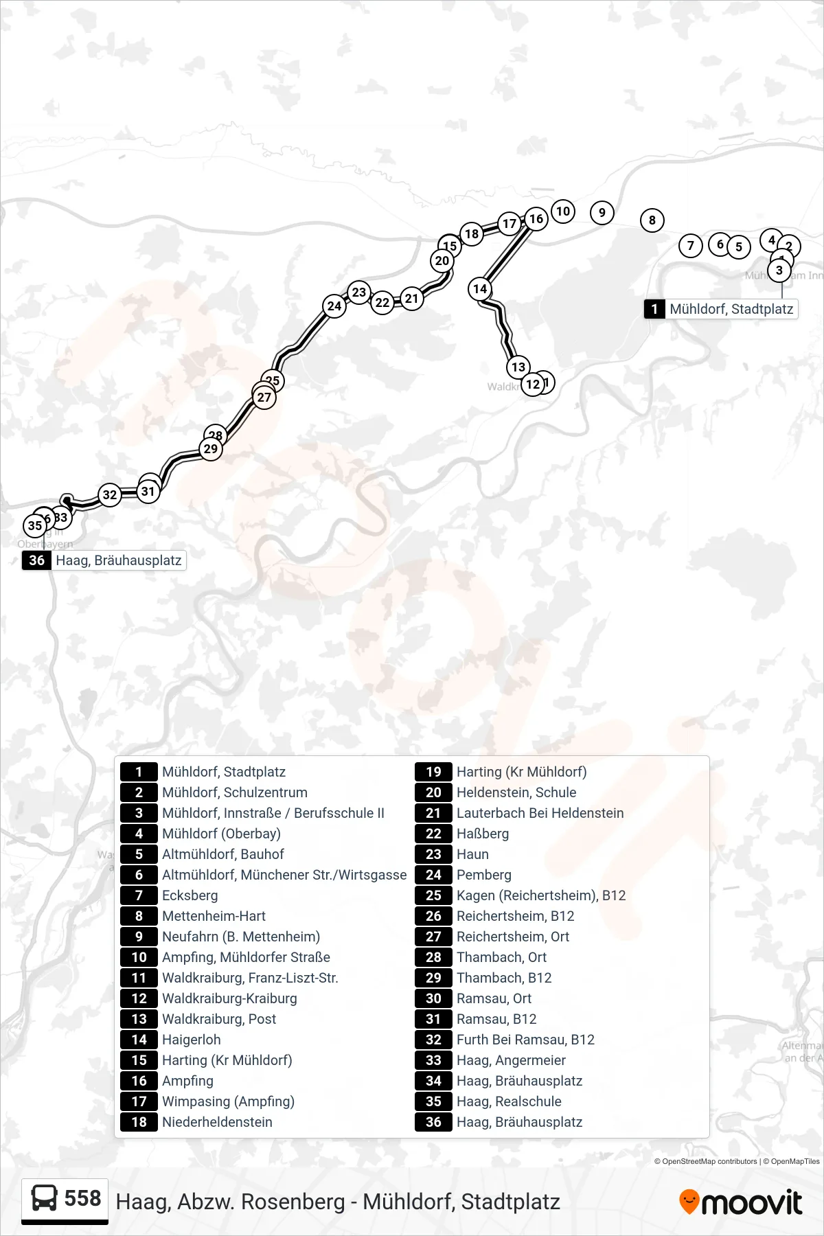 558 bus Line (Haag, Bräuhausplatz) route and stops on a map