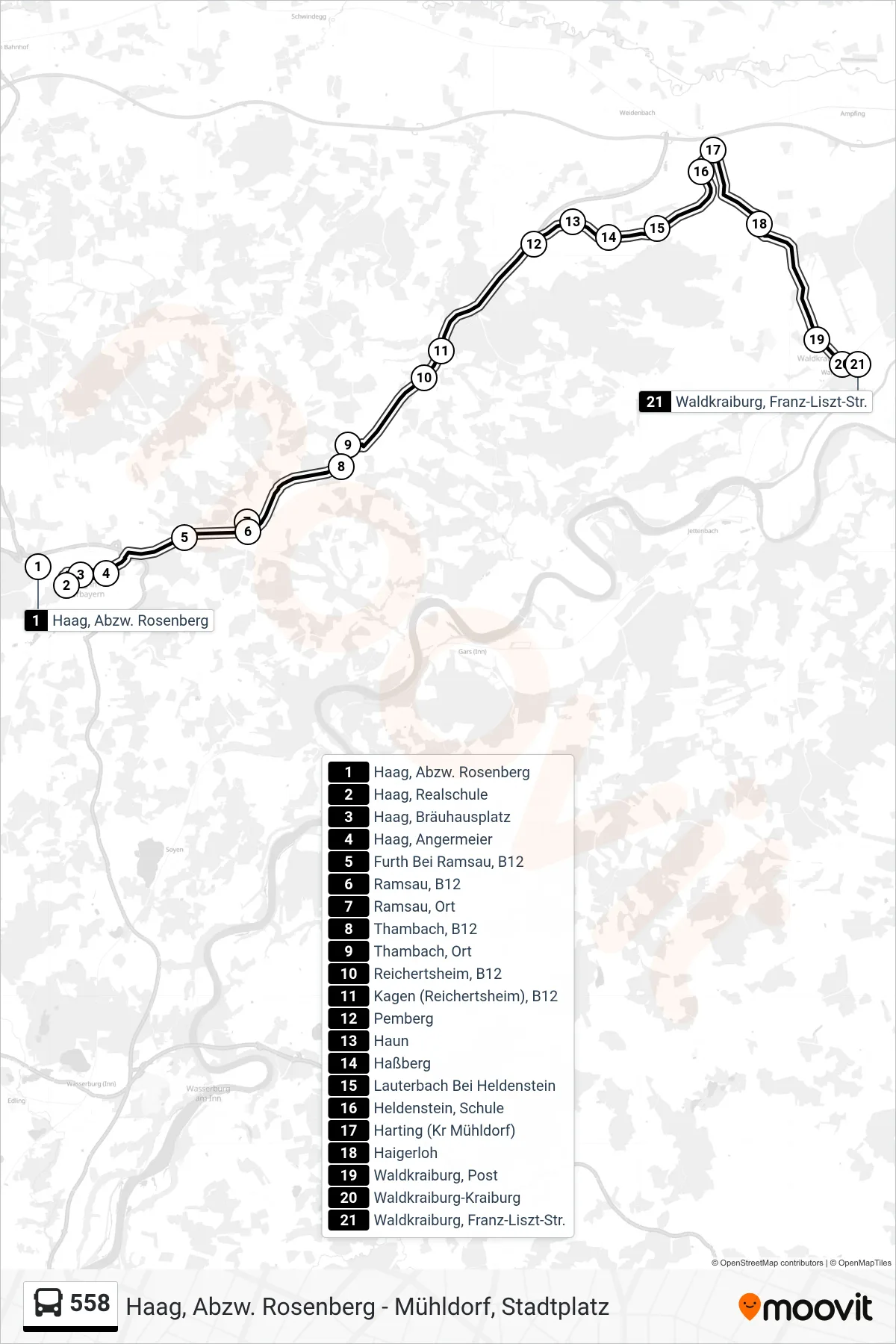Linie 558 (Bus) Richtung Waldkraiburg, Franz-Liszt-Str.: Route und Haltestellen auf der Karte