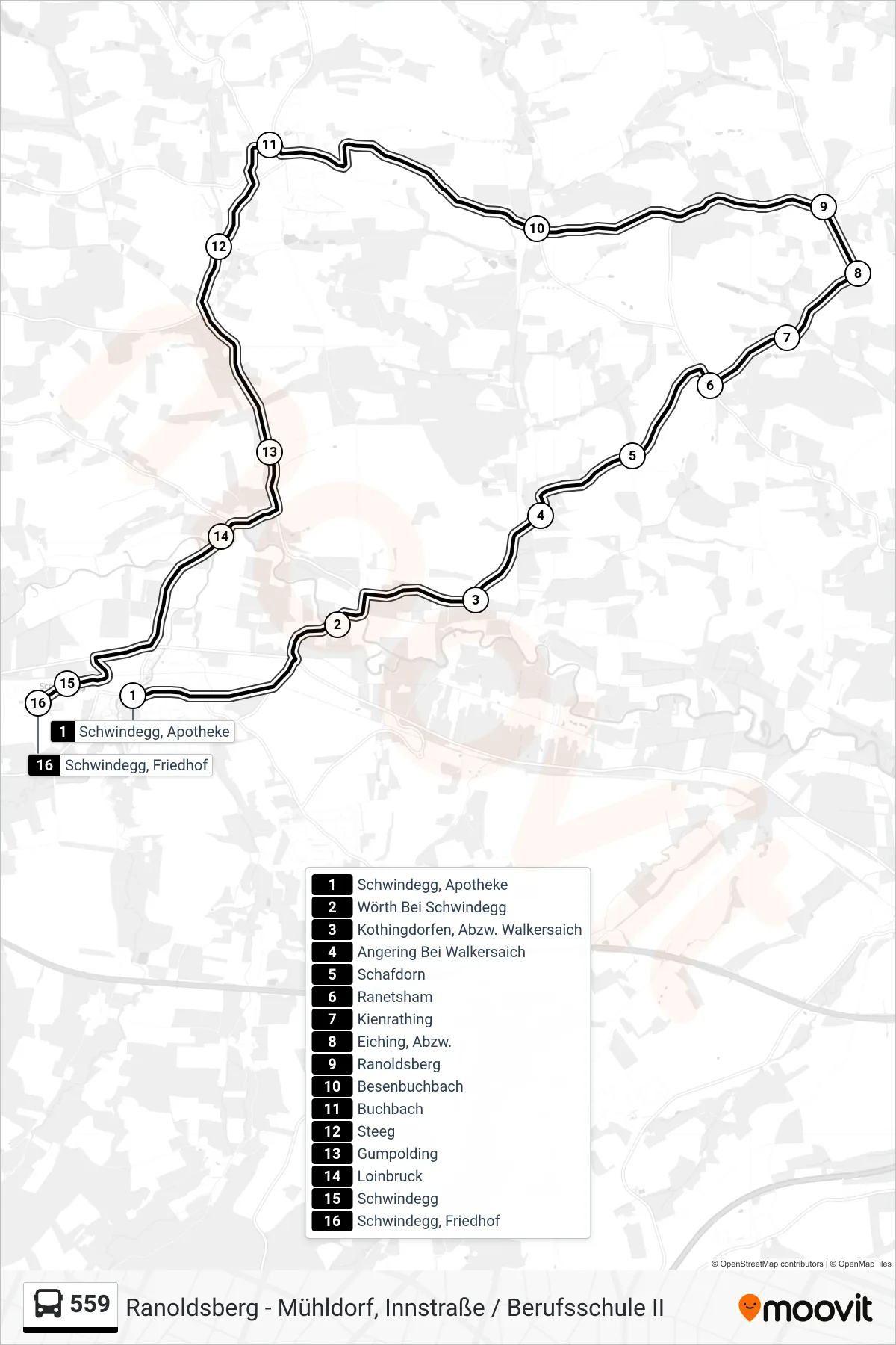 559 bus Line (Schwindegg, Friedhof) route and stops on a map