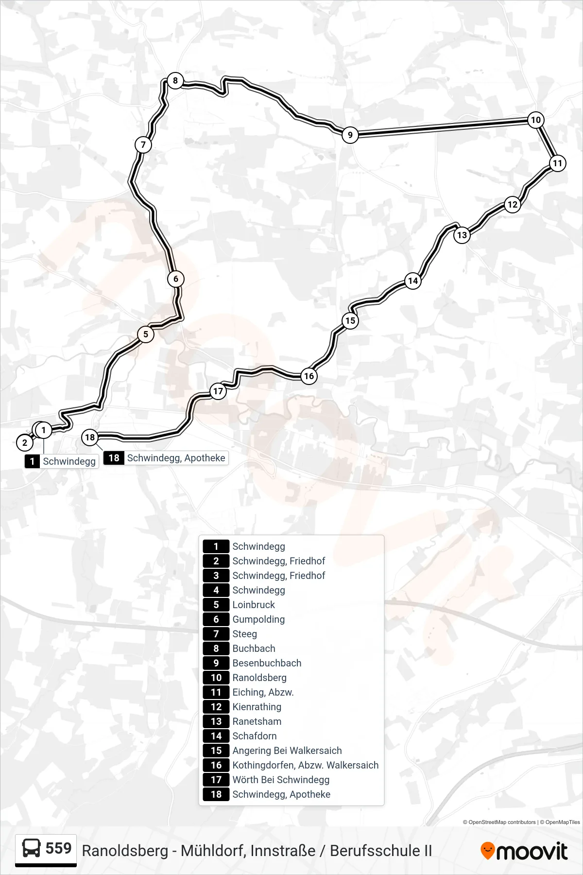 559 bus Line (Schwindegg, Apotheke) route and stops on a map