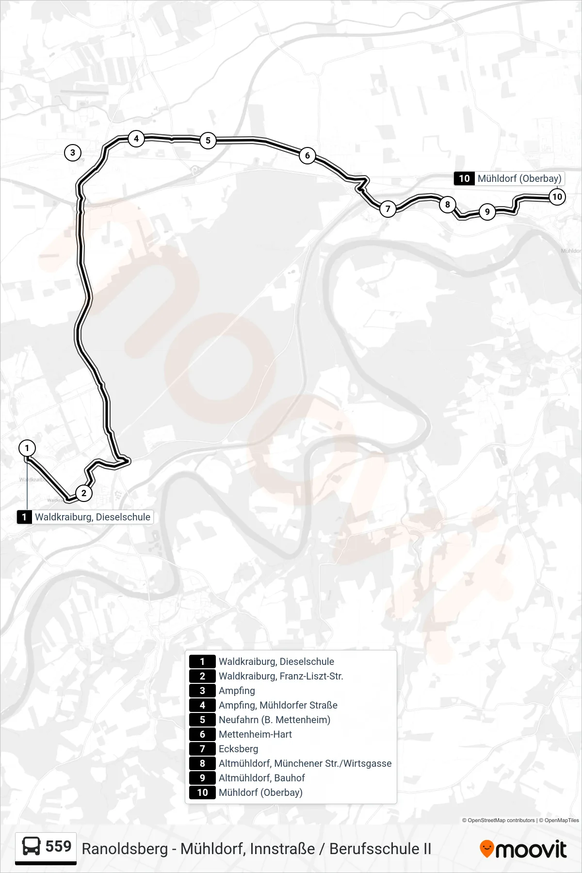 559 bus Line (Mühldorf (Oberbay)) route and stops on a map