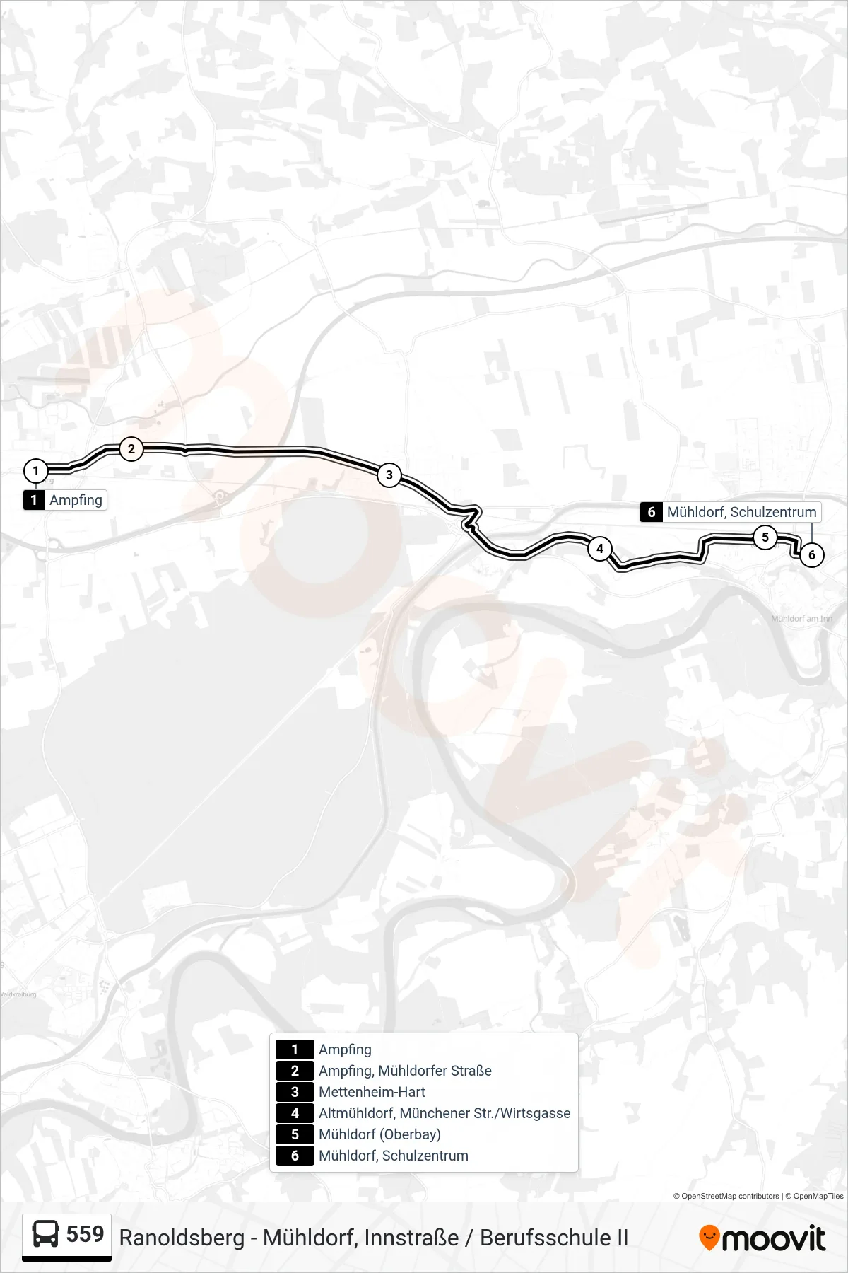 559 bus Line (Mühldorf, Schulzentrum) route and stops on a map