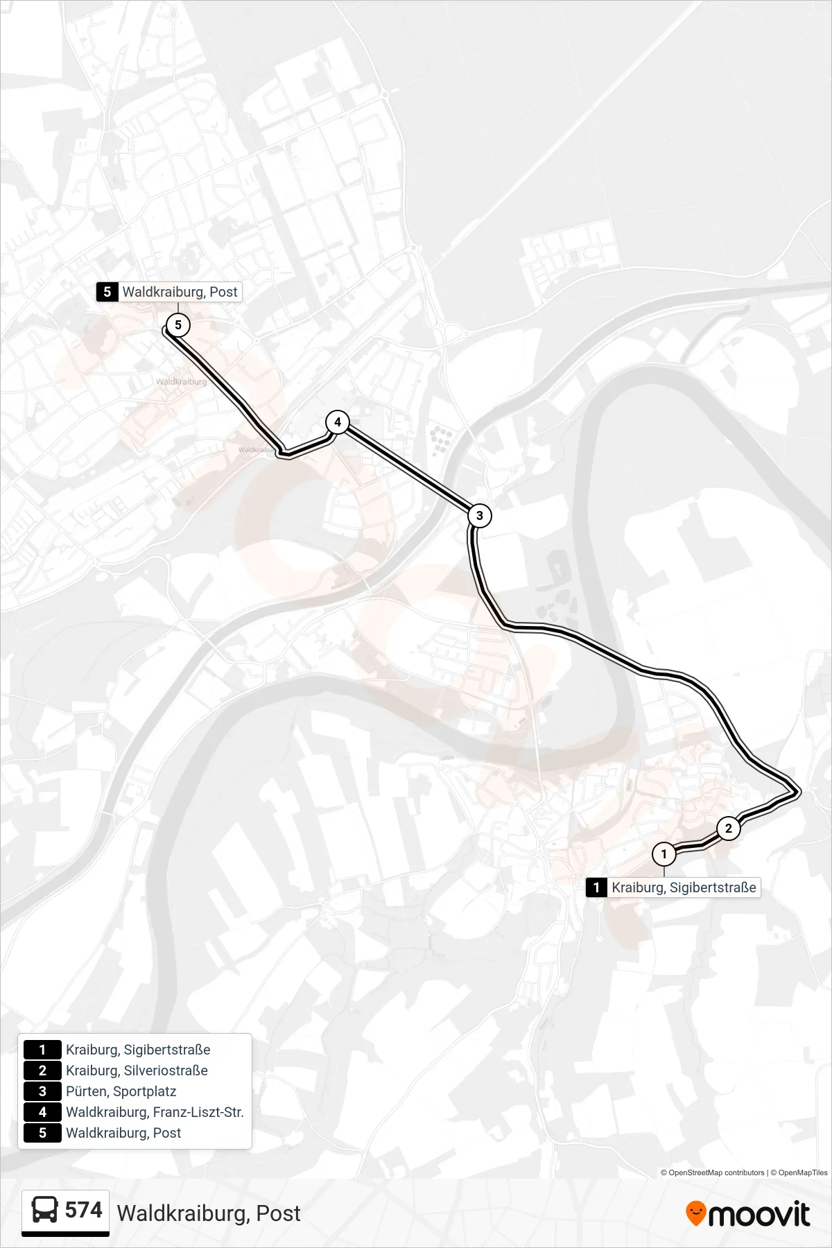 574 bus Line (Waldkraiburg, Post) route and stops on a map