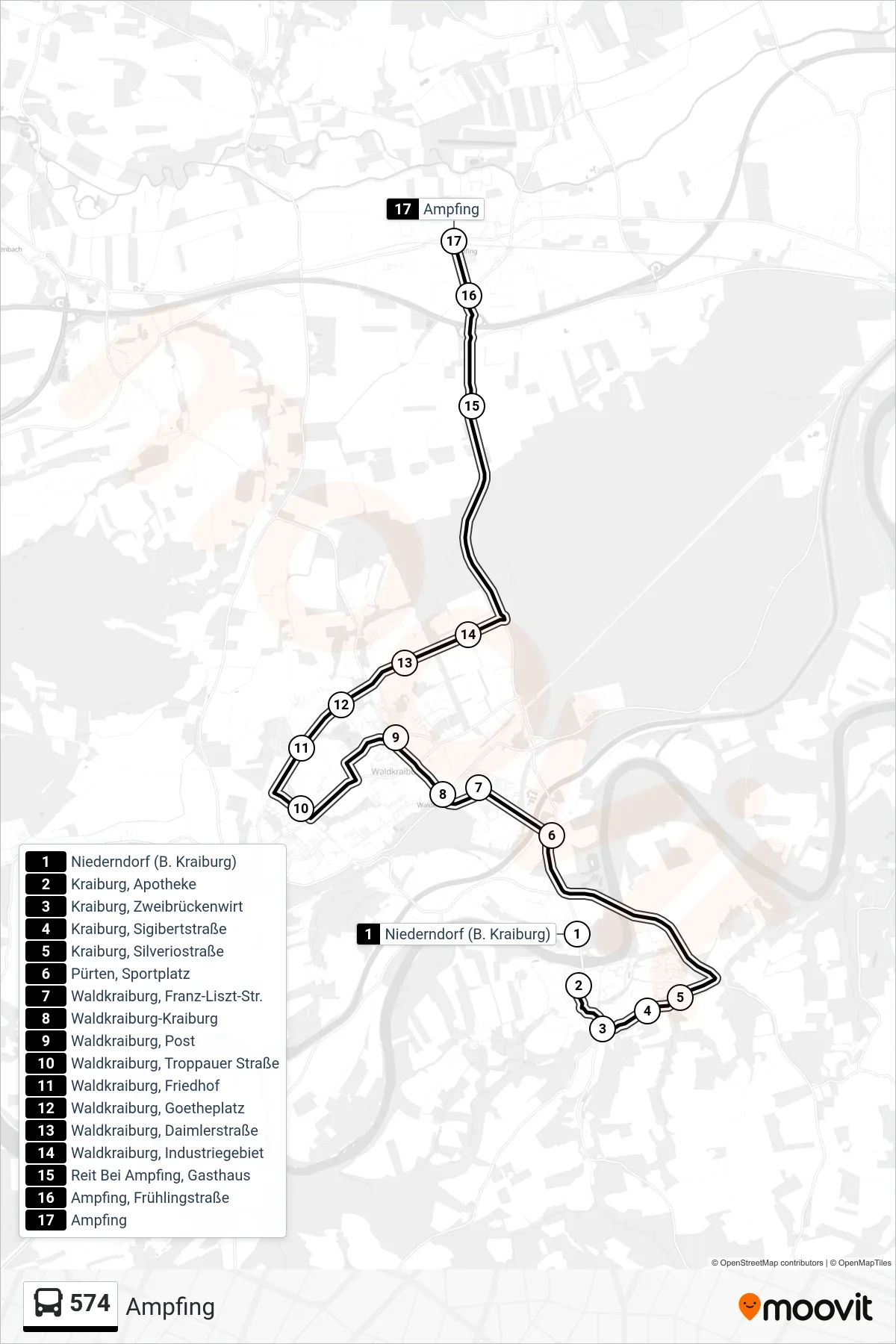 574 bus Line (Ampfing) route and stops on a map