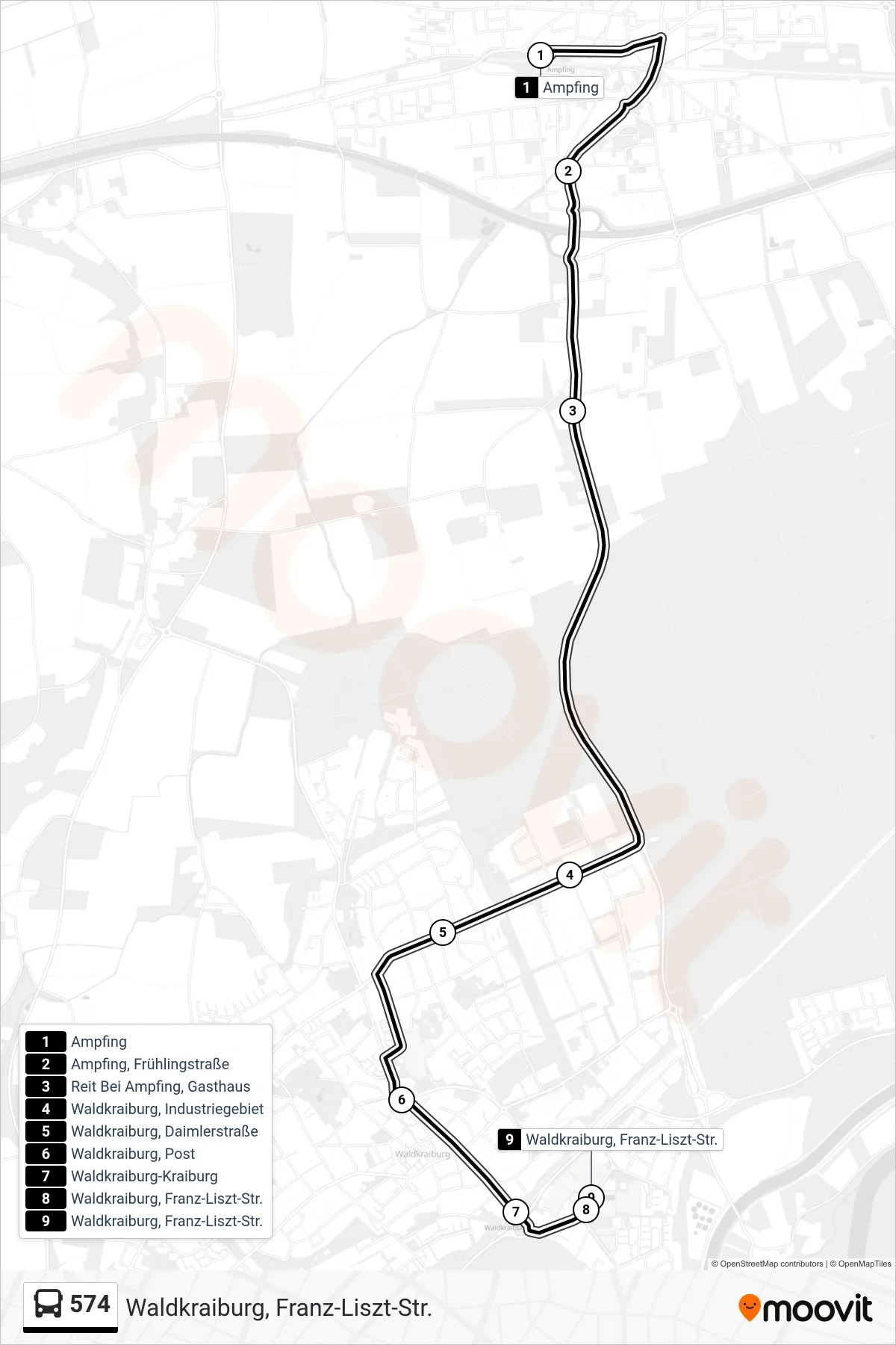 574 bus Line (Waldkraiburg, Franz-Liszt-Str.) route and stops on a map