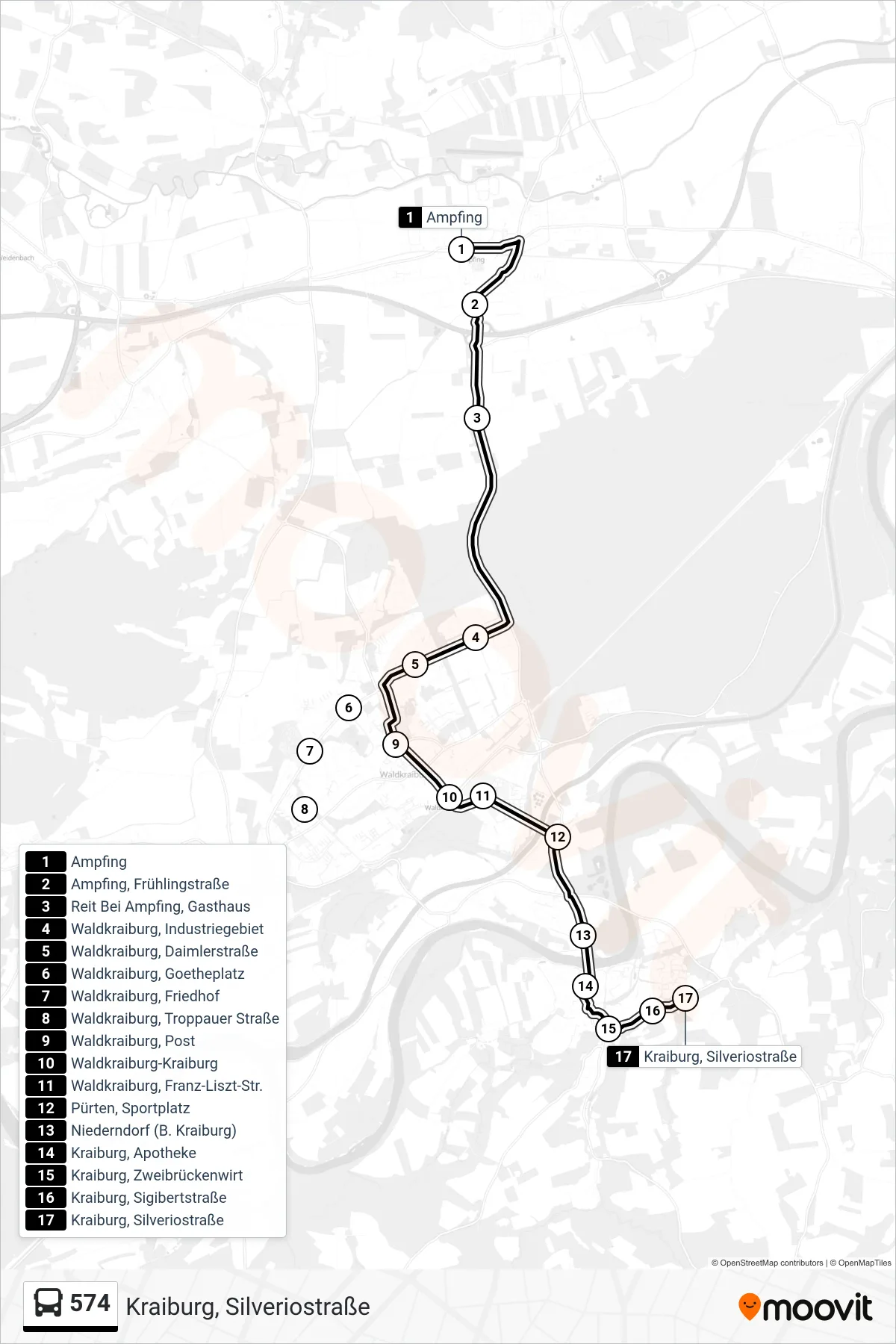 574 bus Line (Kraiburg, Silveriostraße) route and stops on a map