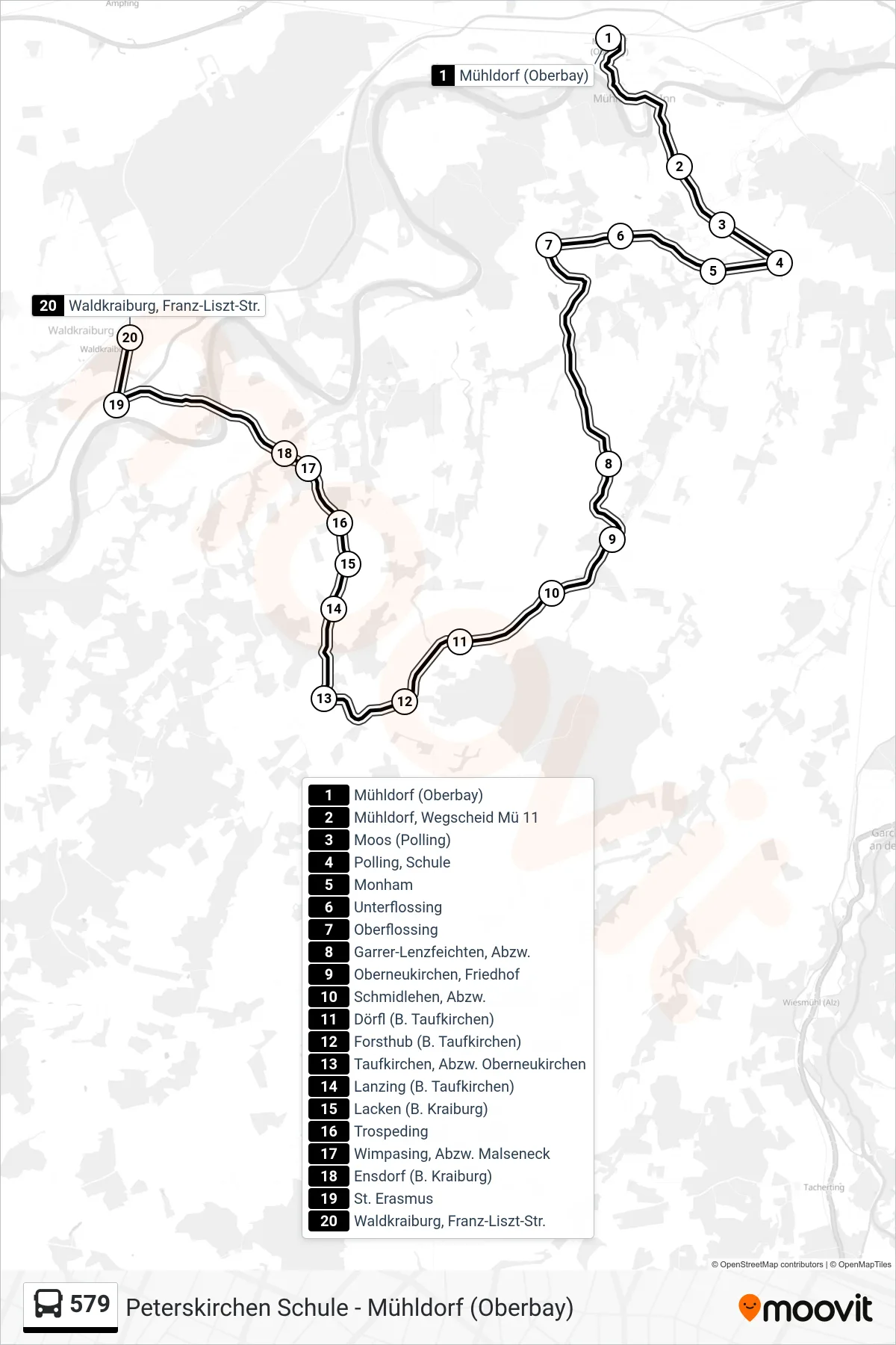 Linie 579 (Bus) Richtung Waldkraiburg, Franz-Liszt-Str.: Route und Haltestellen auf der Karte