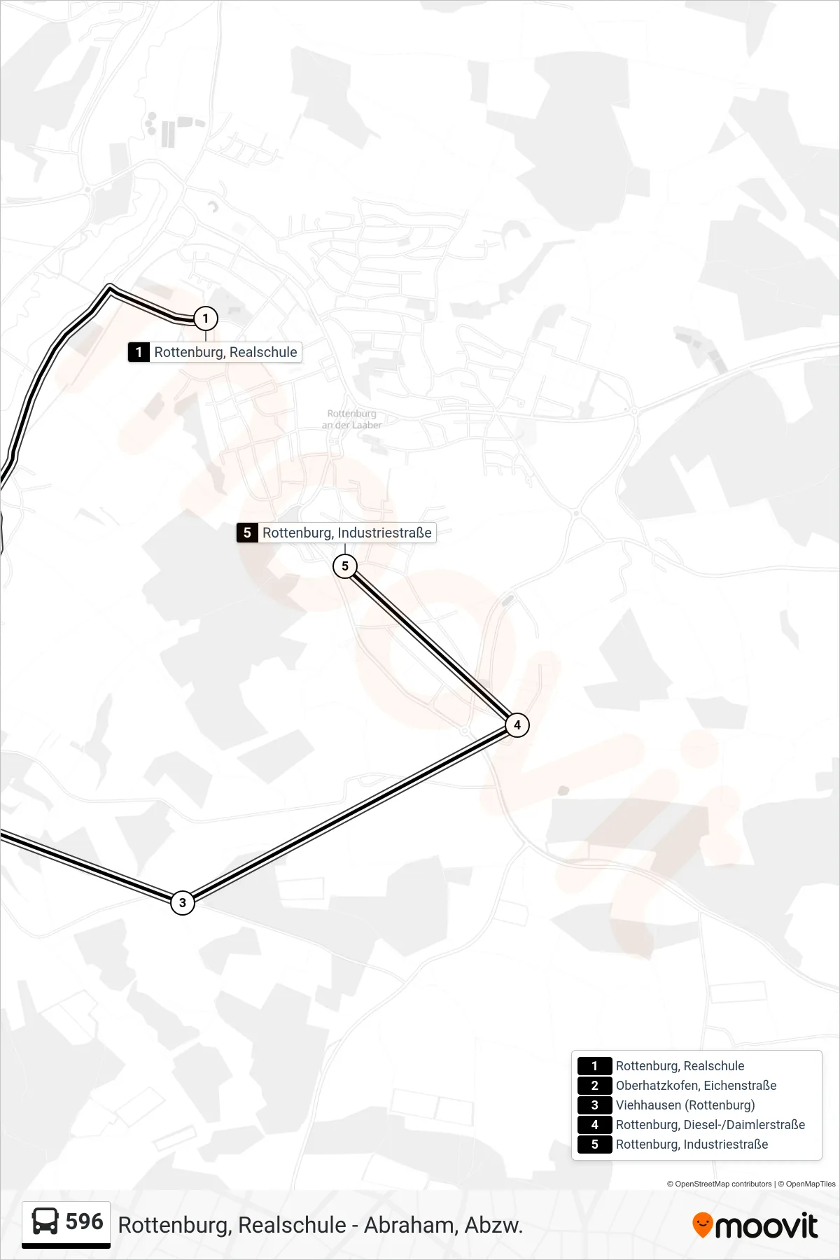 Linie 596 (Bus) Richtung Rottenburg, Industriestraße: Route und Haltestellen auf der Karte