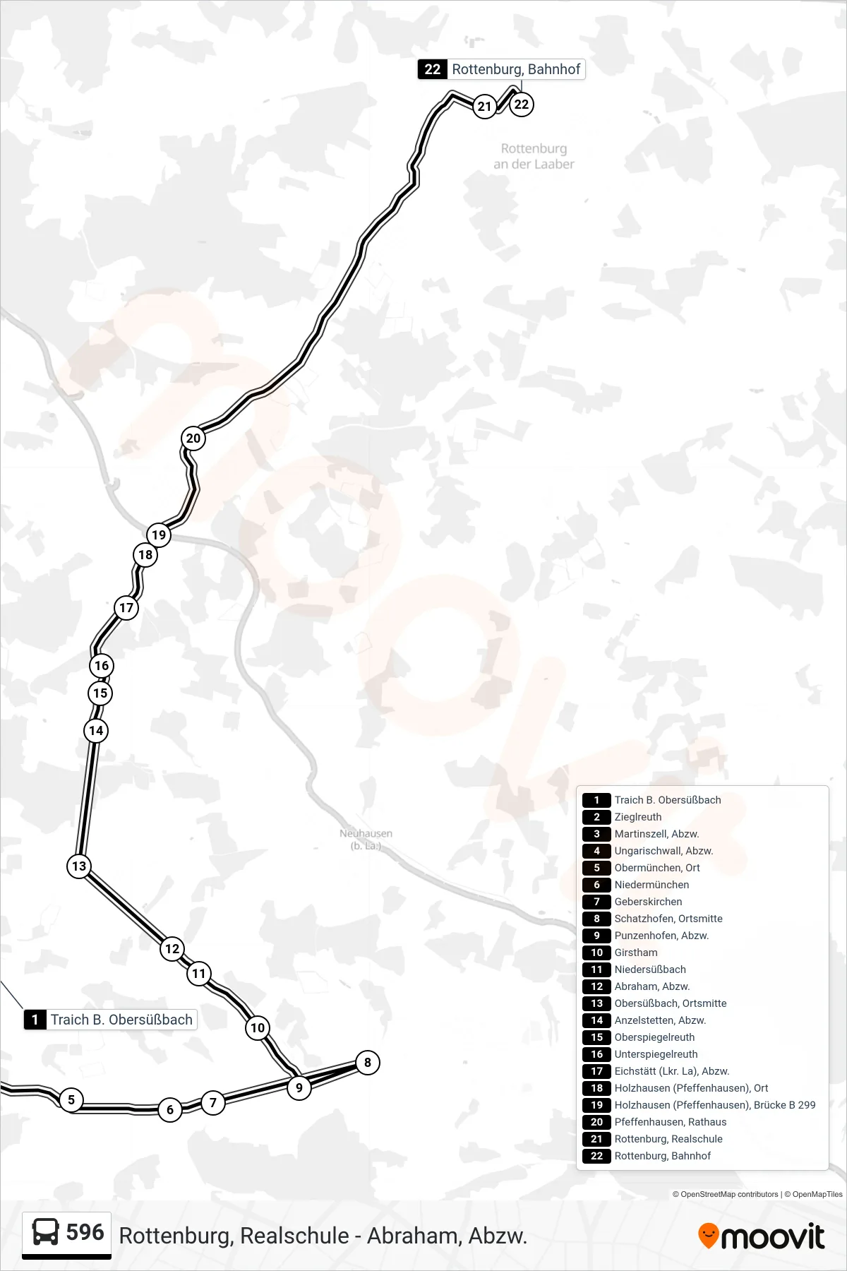 Linie 596 (Bus) Richtung Rottenburg, Bahnhof: Route und Haltestellen auf der Karte