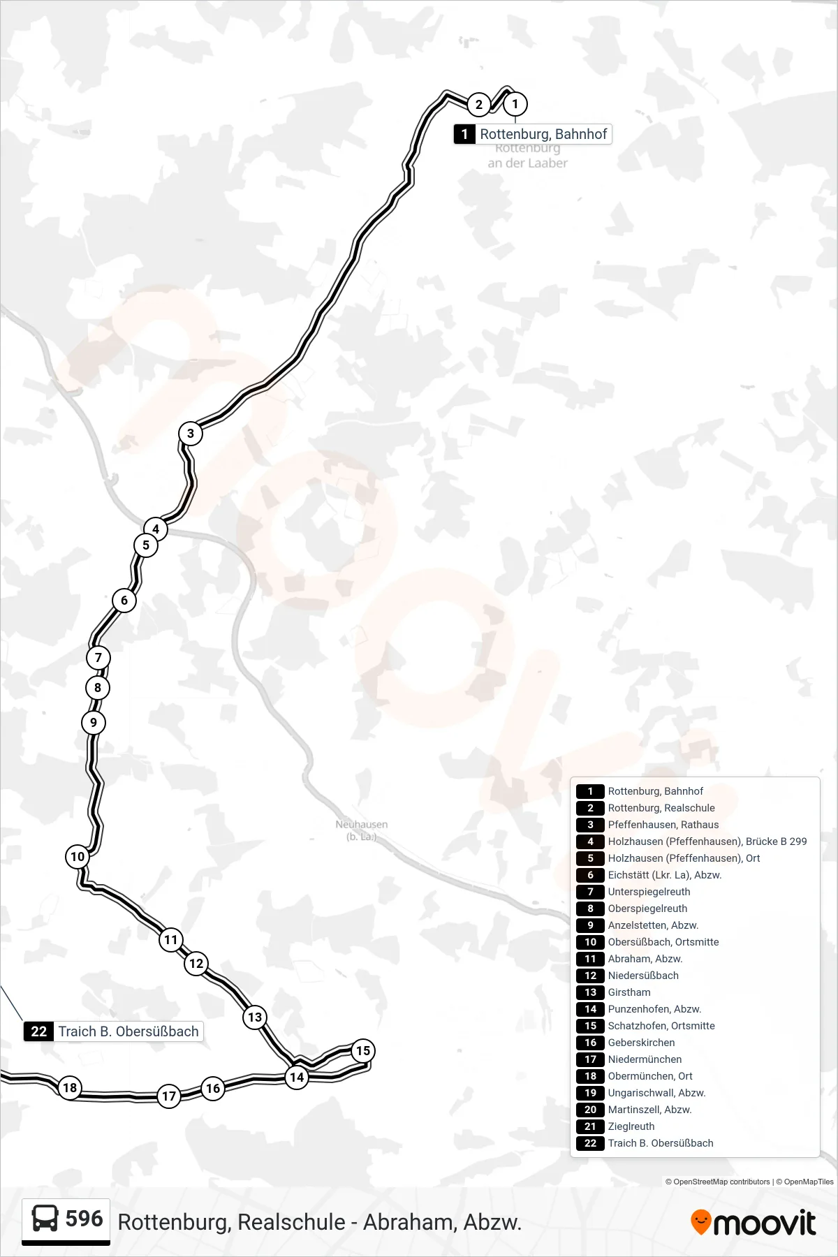 596 bus Line (Traich B. Obersüßbach) route and stops on a map