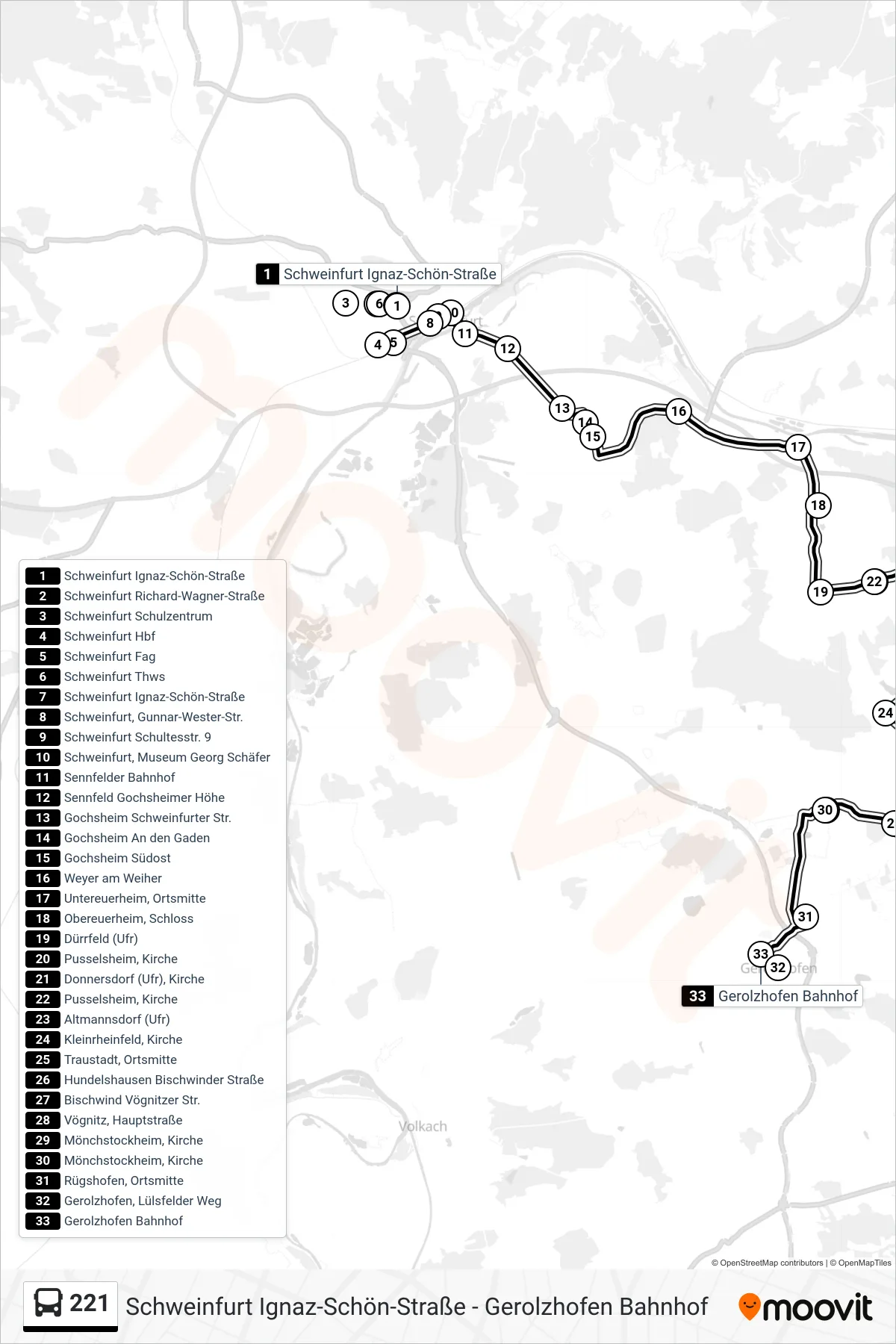 221 bus Line (Gerolzhofen Bahnhof) route and stops on a map