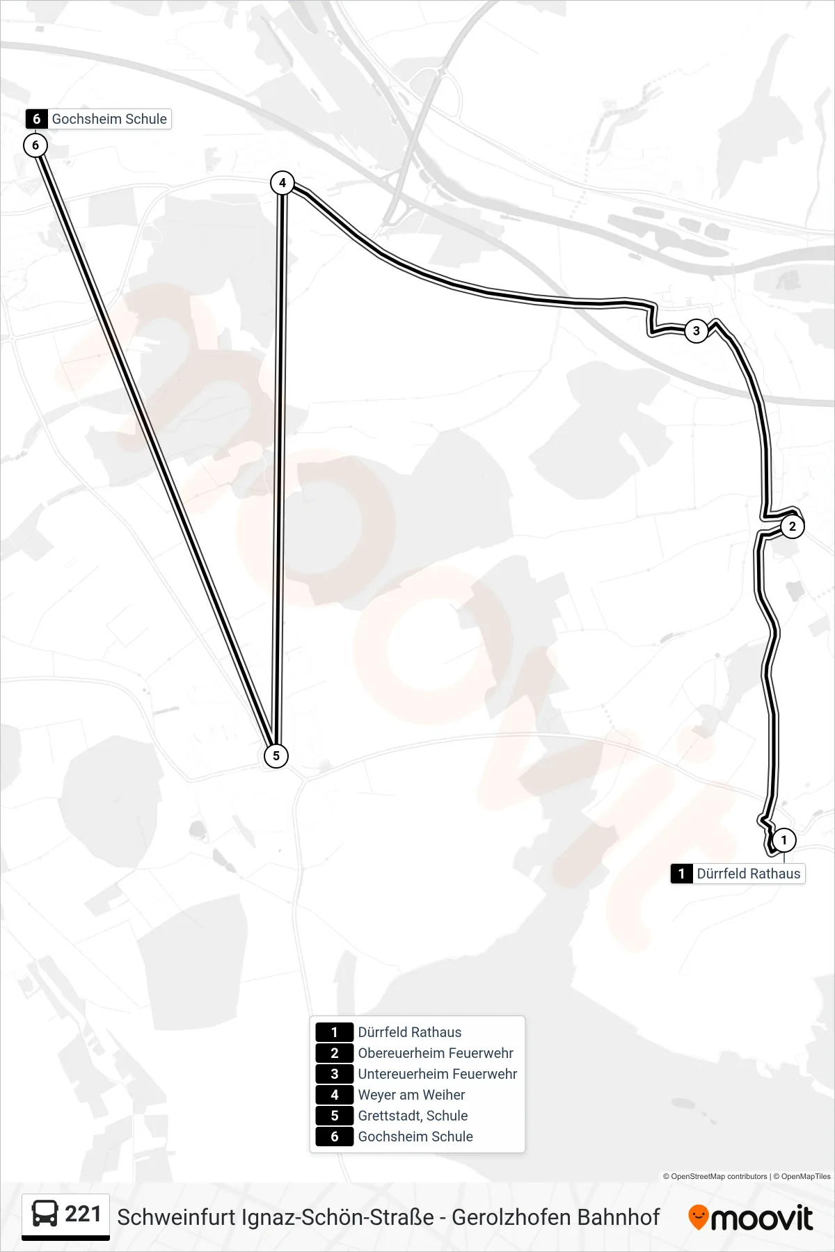 221 bus Line (Gochsheim) route and stops on a map
