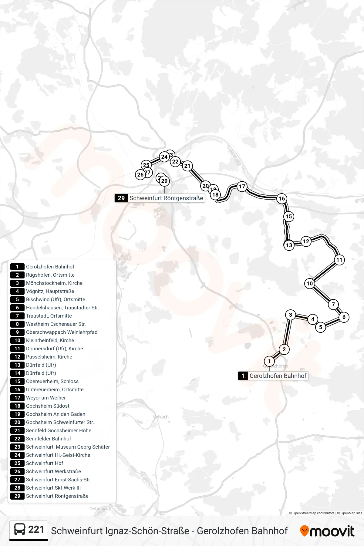 221 bus Line (Schweinfurt) route and stops on a map