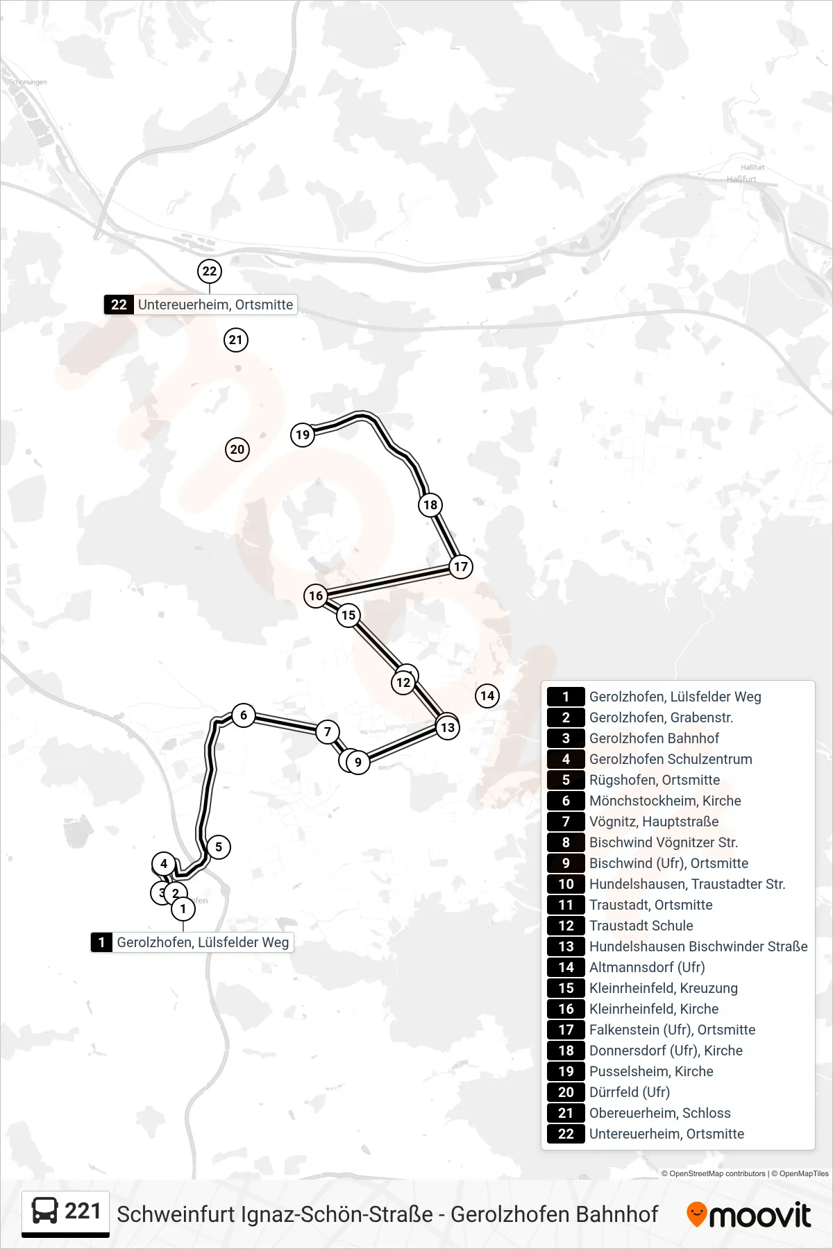 221 bus Line (Donnersdorf) route and stops on a map