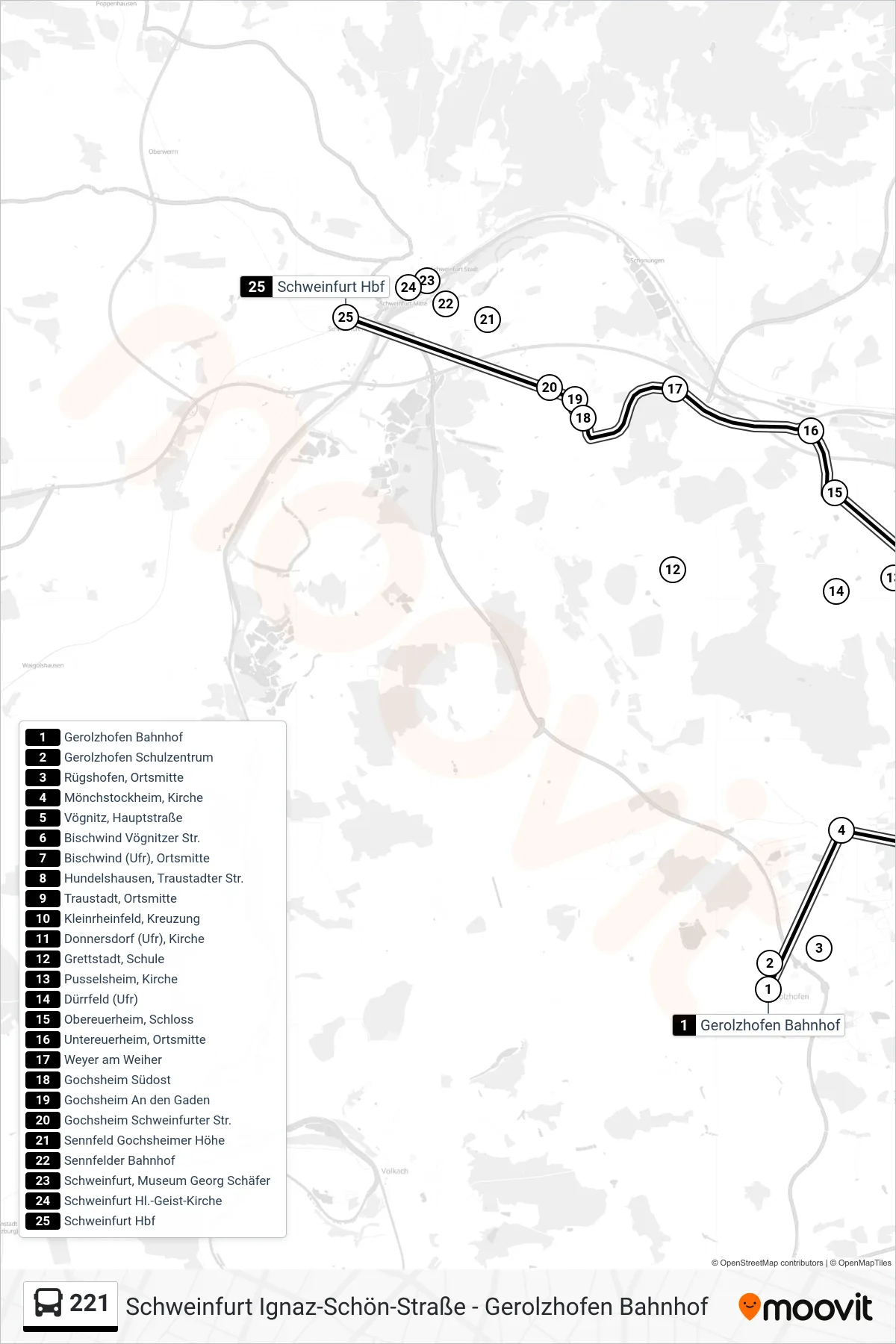 221 bus Line (Schweinfurt Hbf) route and stops on a map