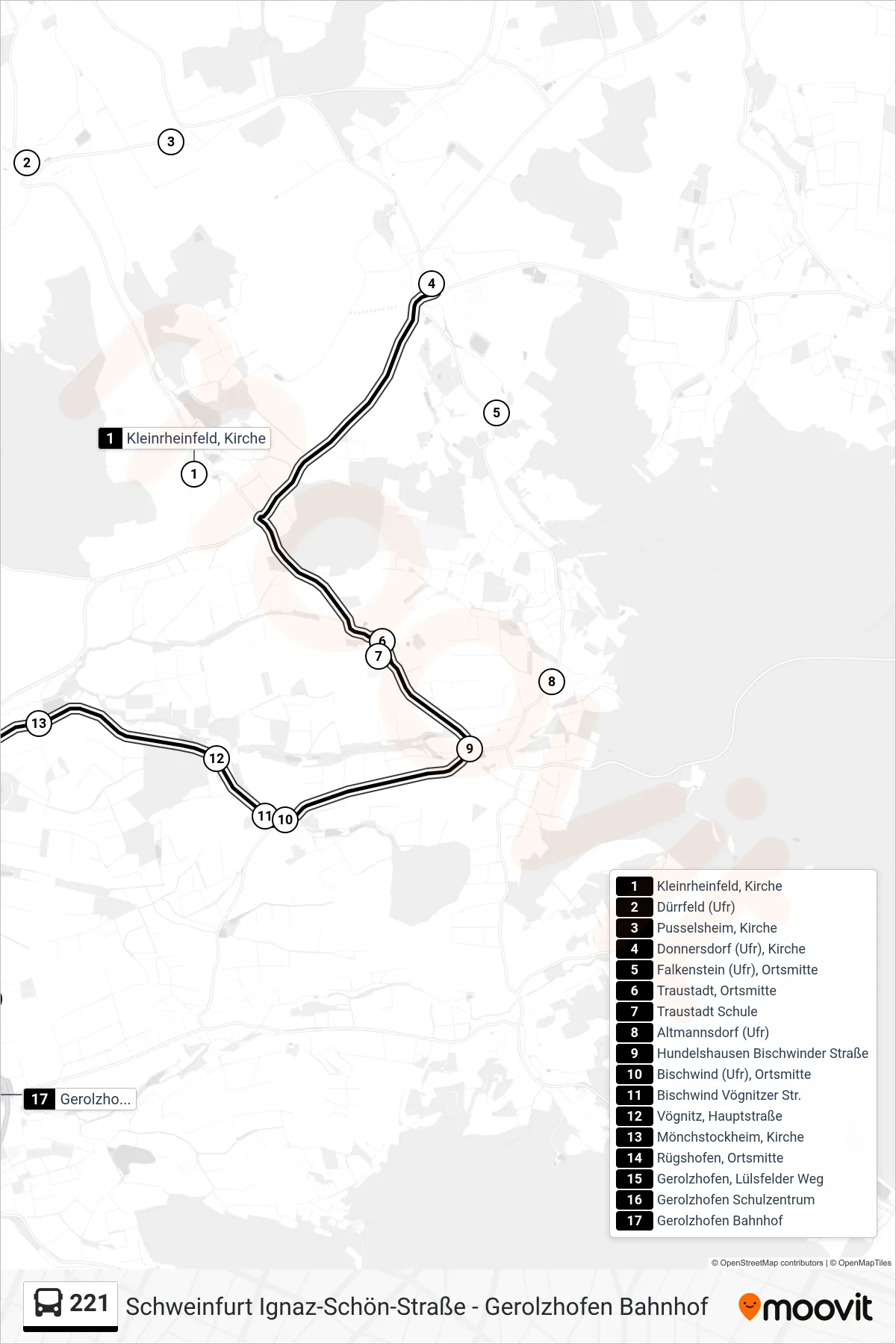 221 bus Line (Gerolzhofen) route and stops on a map