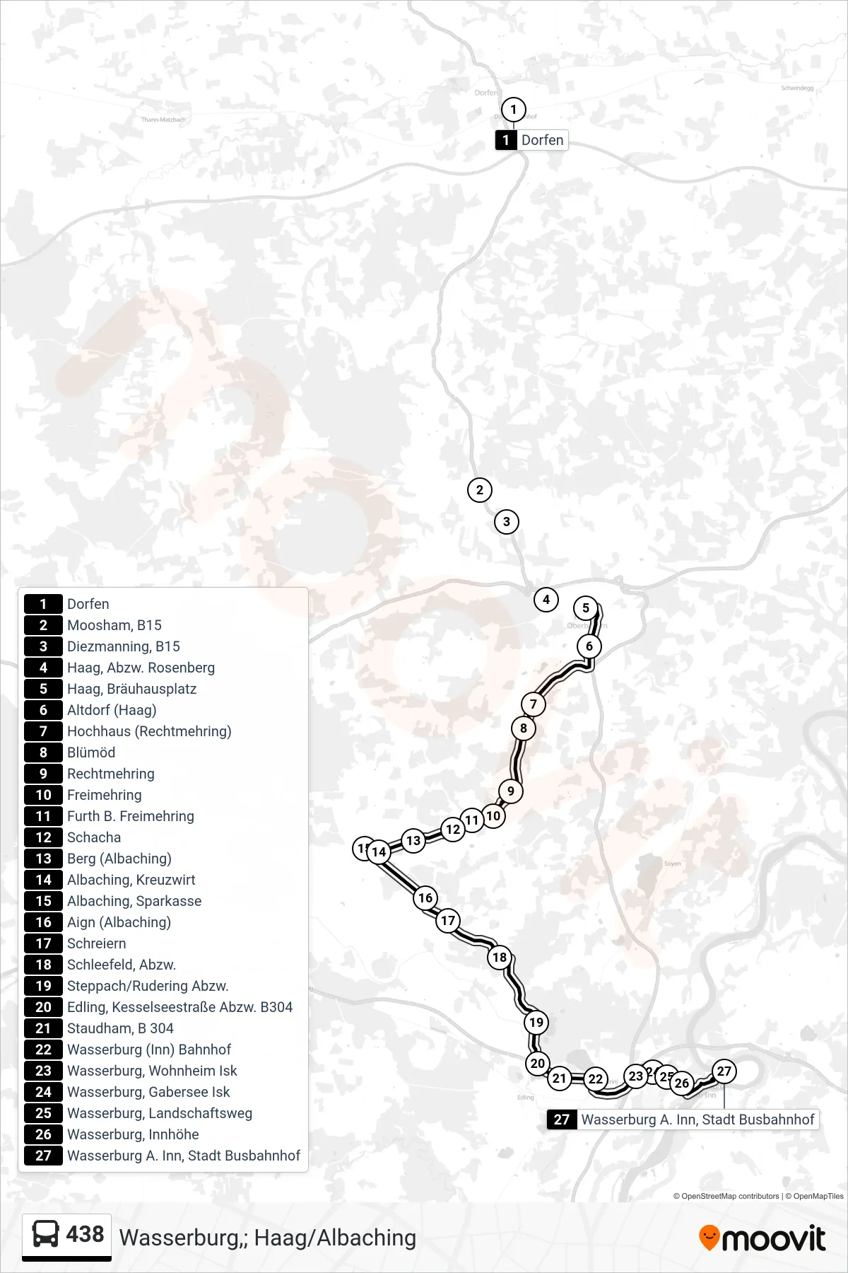 Linie 438 (Bus) Richtung Wasserburg,; Haag/Albaching: Route und Haltestellen auf der Karte