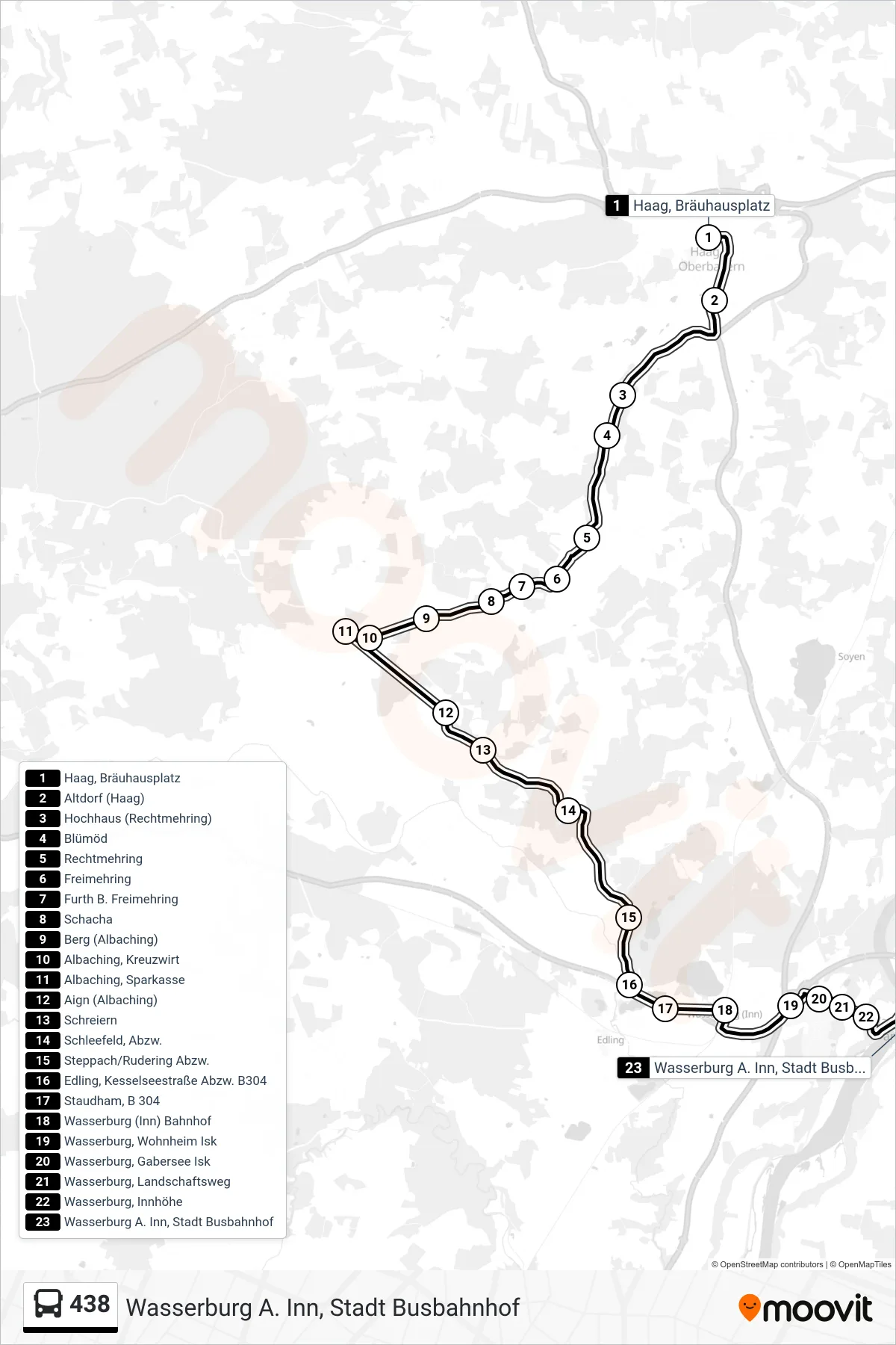 438 bus Line (Wasserburg A. Inn, Stadt Busbahnhof) route and stops on a map