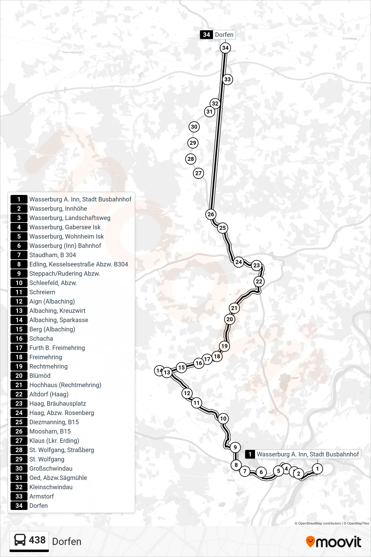 438 bus Line (Dorfen) route and stops on a map