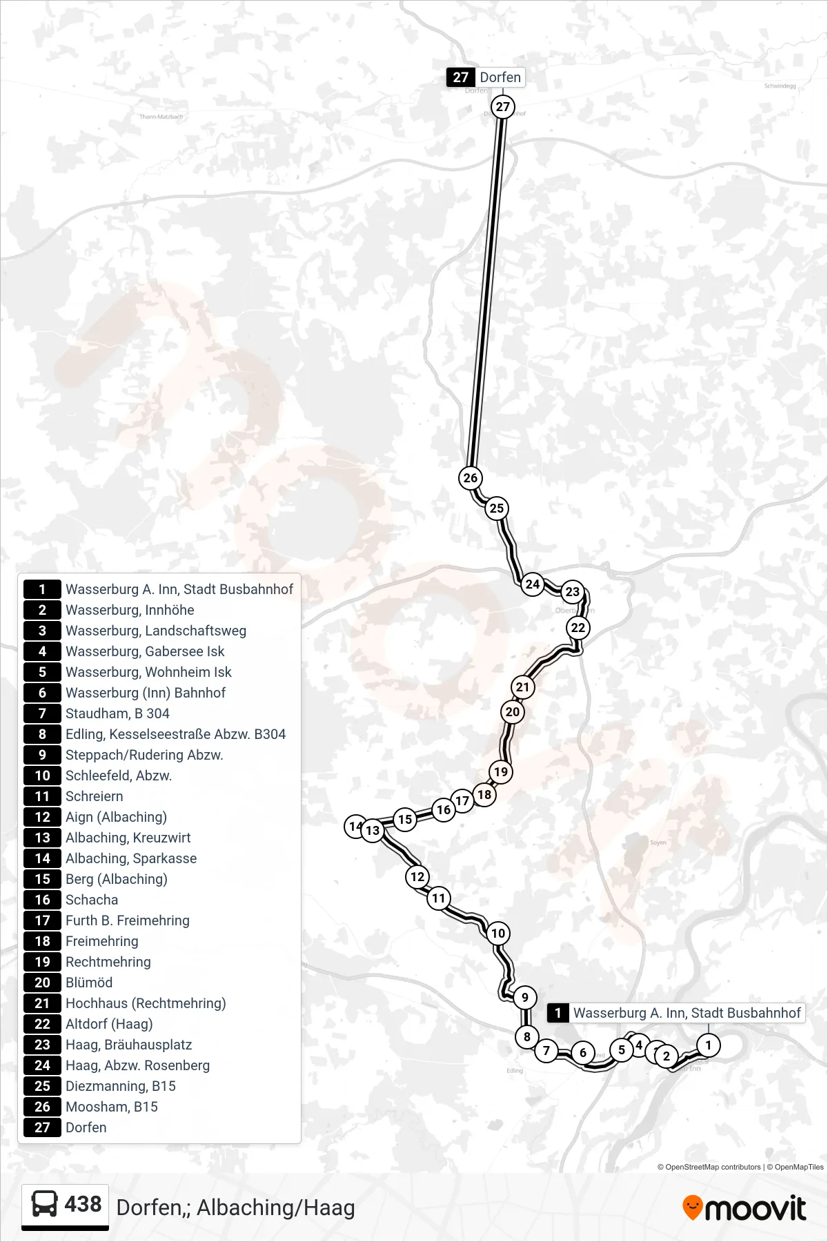 438 bus Line (Dorfen,; Albaching/Haag) route and stops on a map