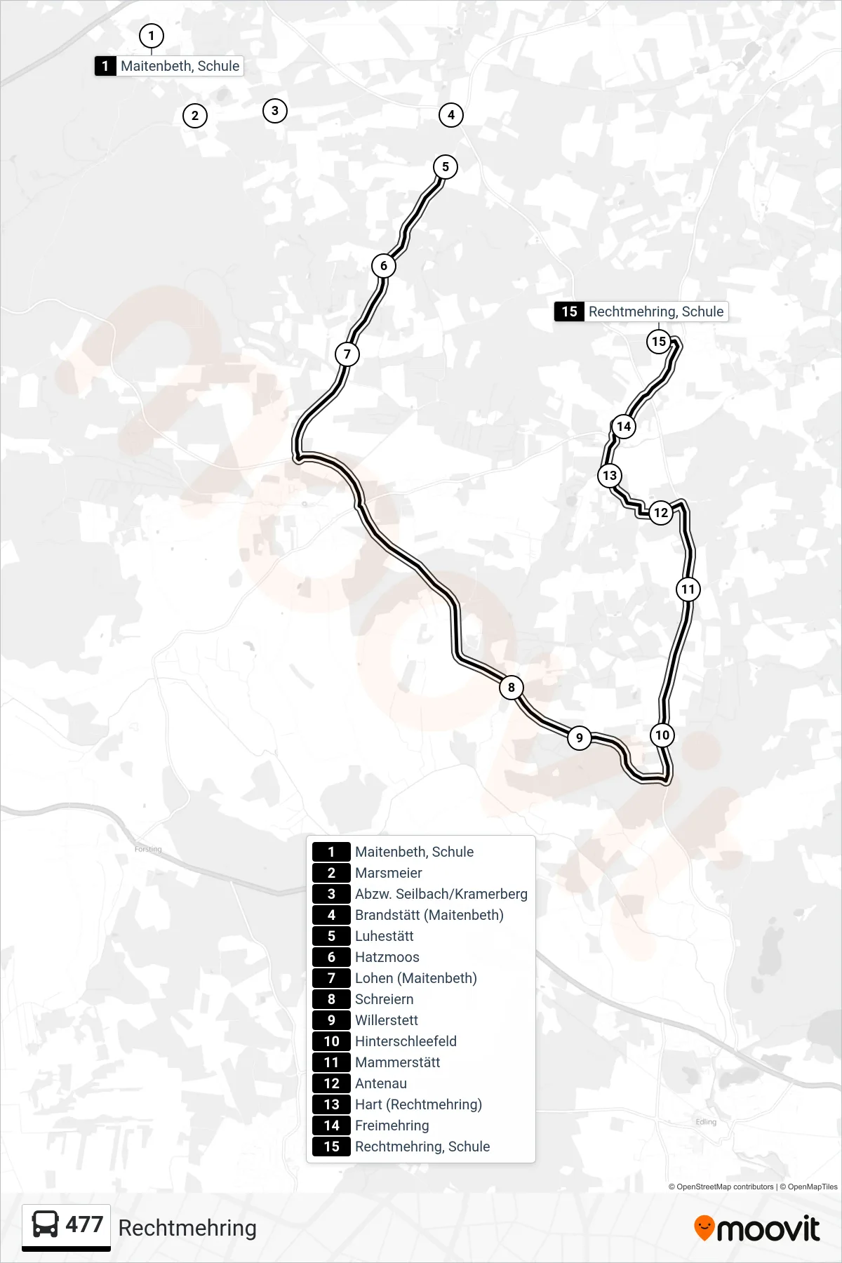 477 bus Line (Rechtmehring) route and stops on a map