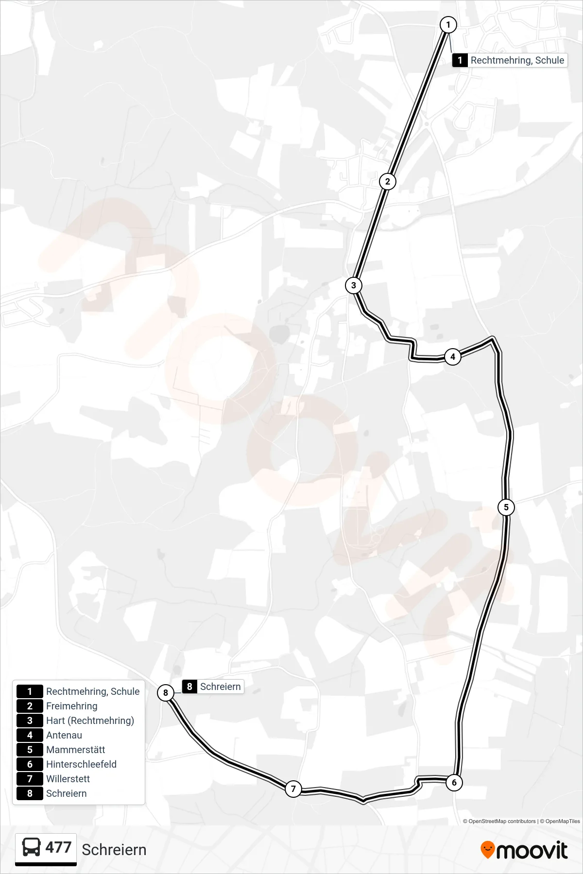 477 bus Line (Schreiern) route and stops on a map
