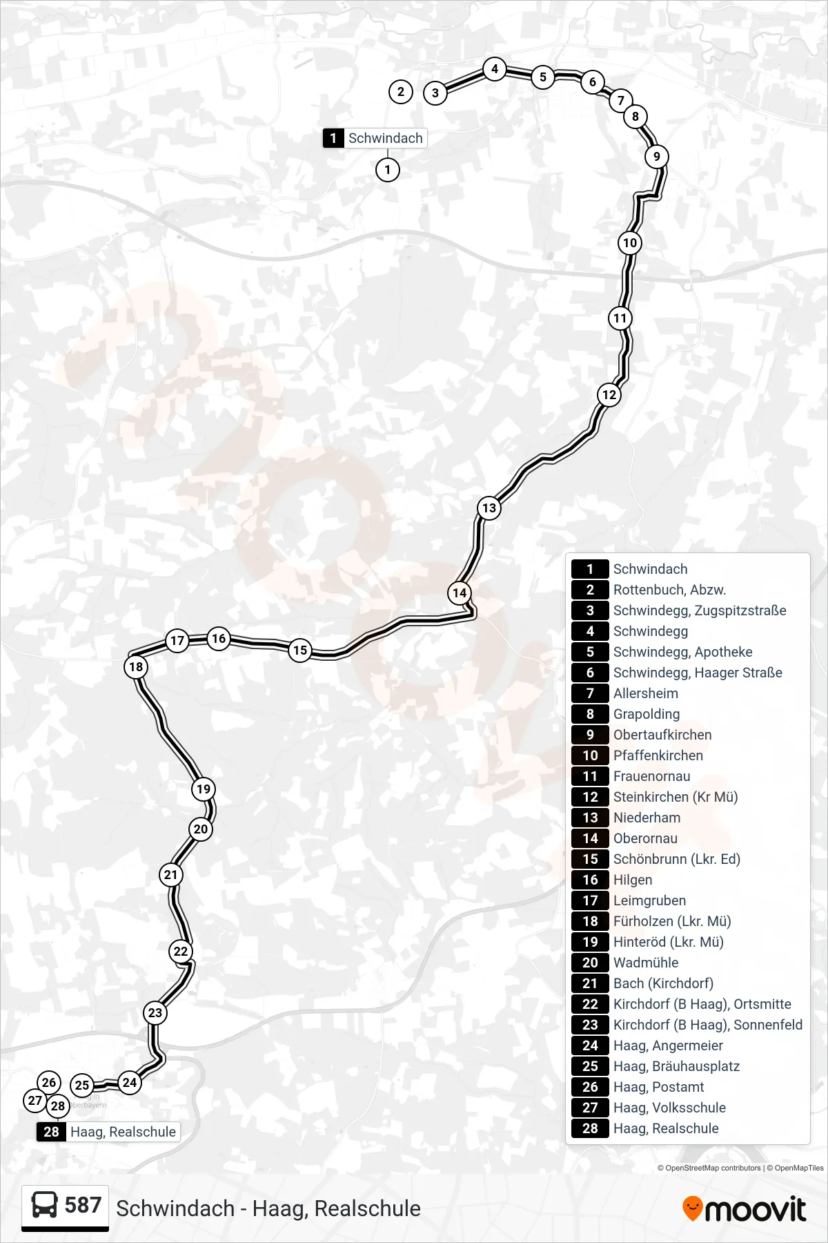 587 bus Line (Haag) route and stops on a map