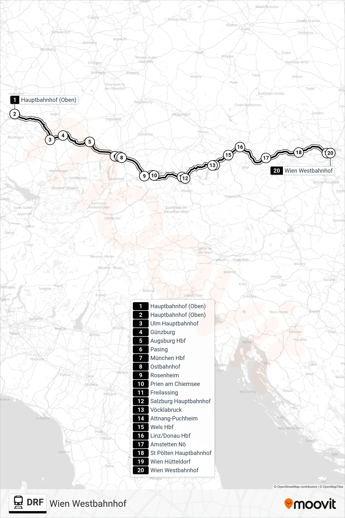 Linie DRF (Bahn) Richtung Wien Westbahnhof: Route und Haltestellen auf der Karte
