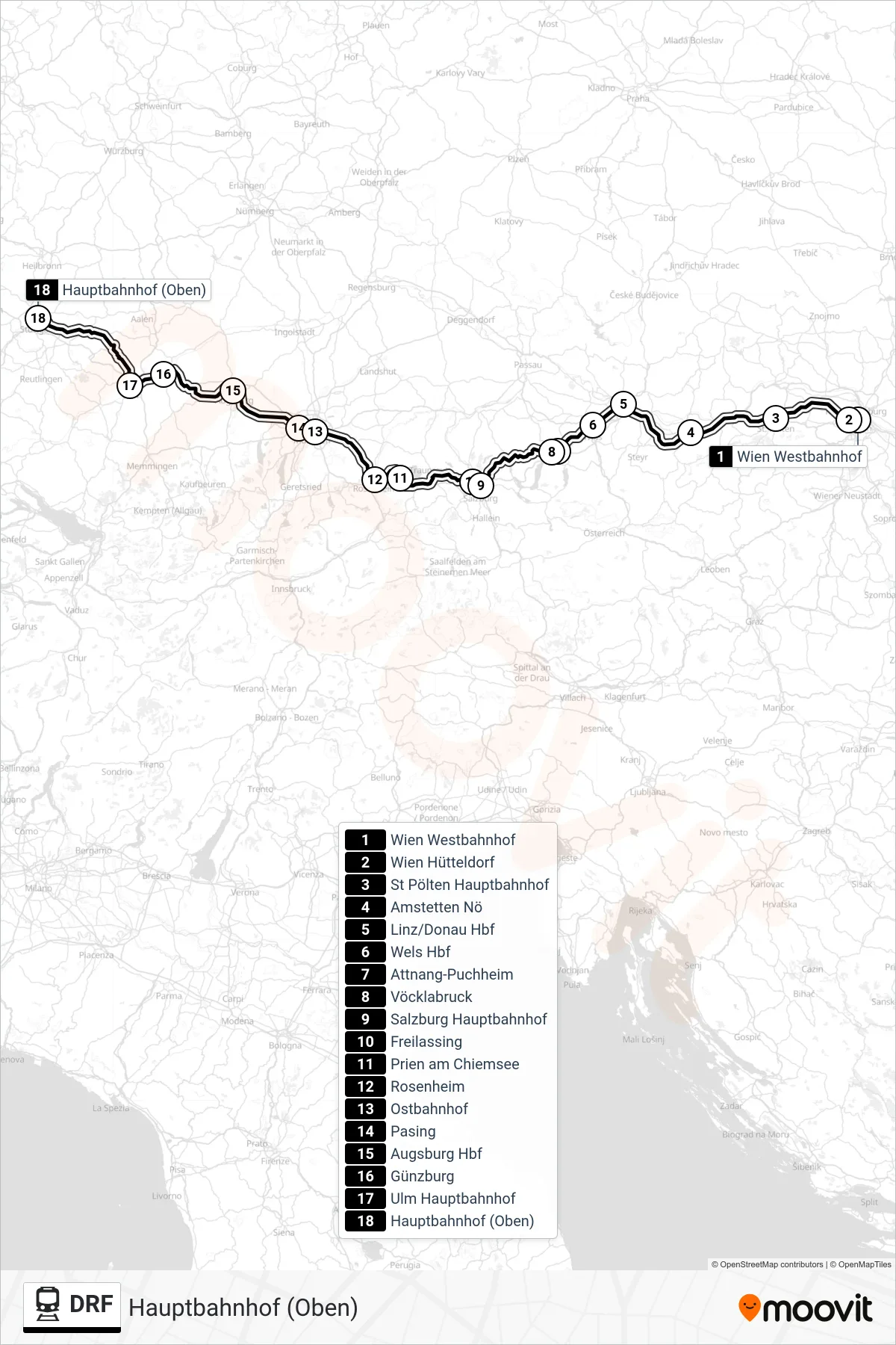 Linie DRF (Bahn) Richtung Hauptbahnhof (Oben): Route und Haltestellen auf der Karte
