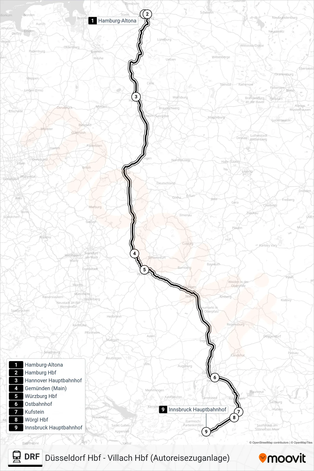 DRF train Line (Innsbruck Hauptbahnhof) route and stops on a map