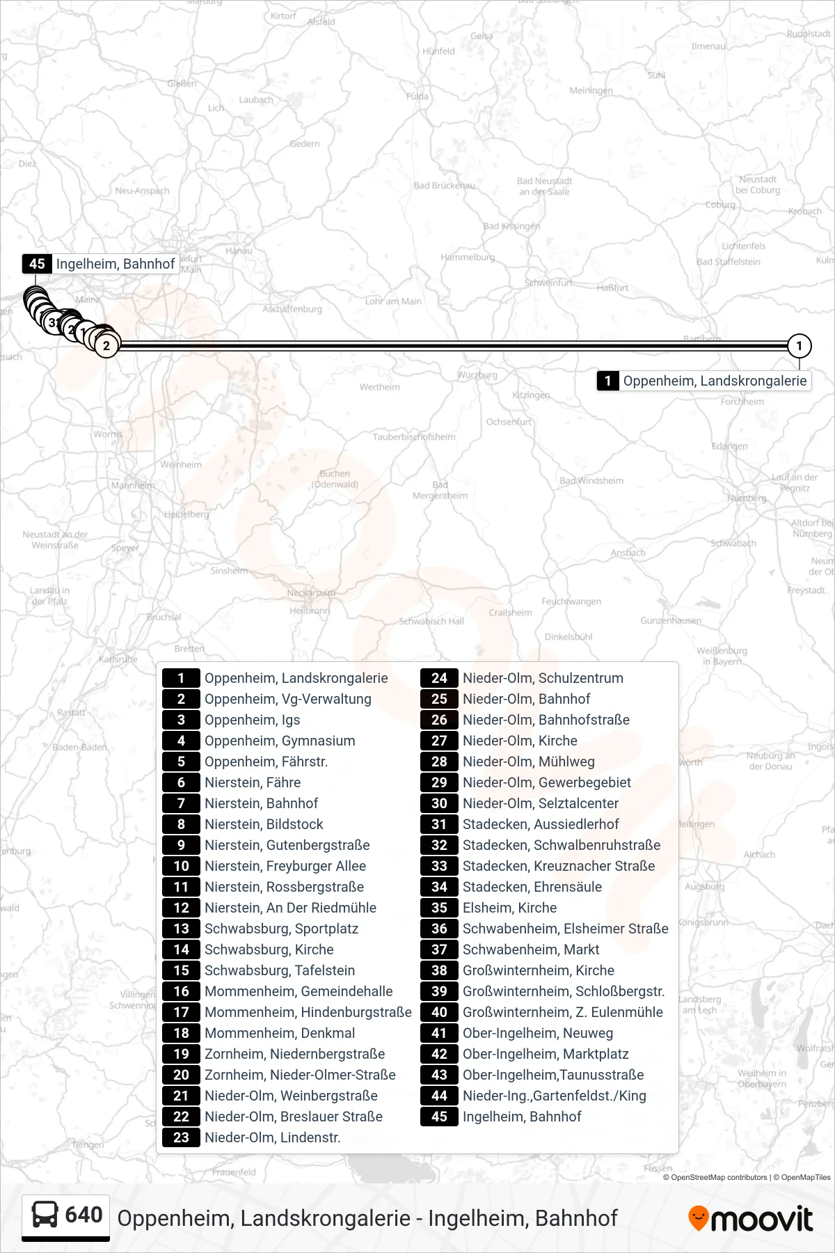 640 bus Line (Ingelheim, Bahnhof) route and stops on a map