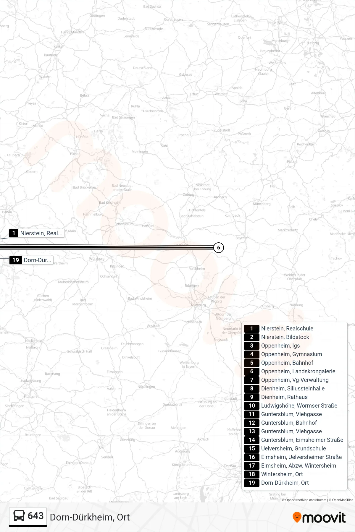 643 bus Line (Dorn-Dürkheim, Ort) route and stops on a map