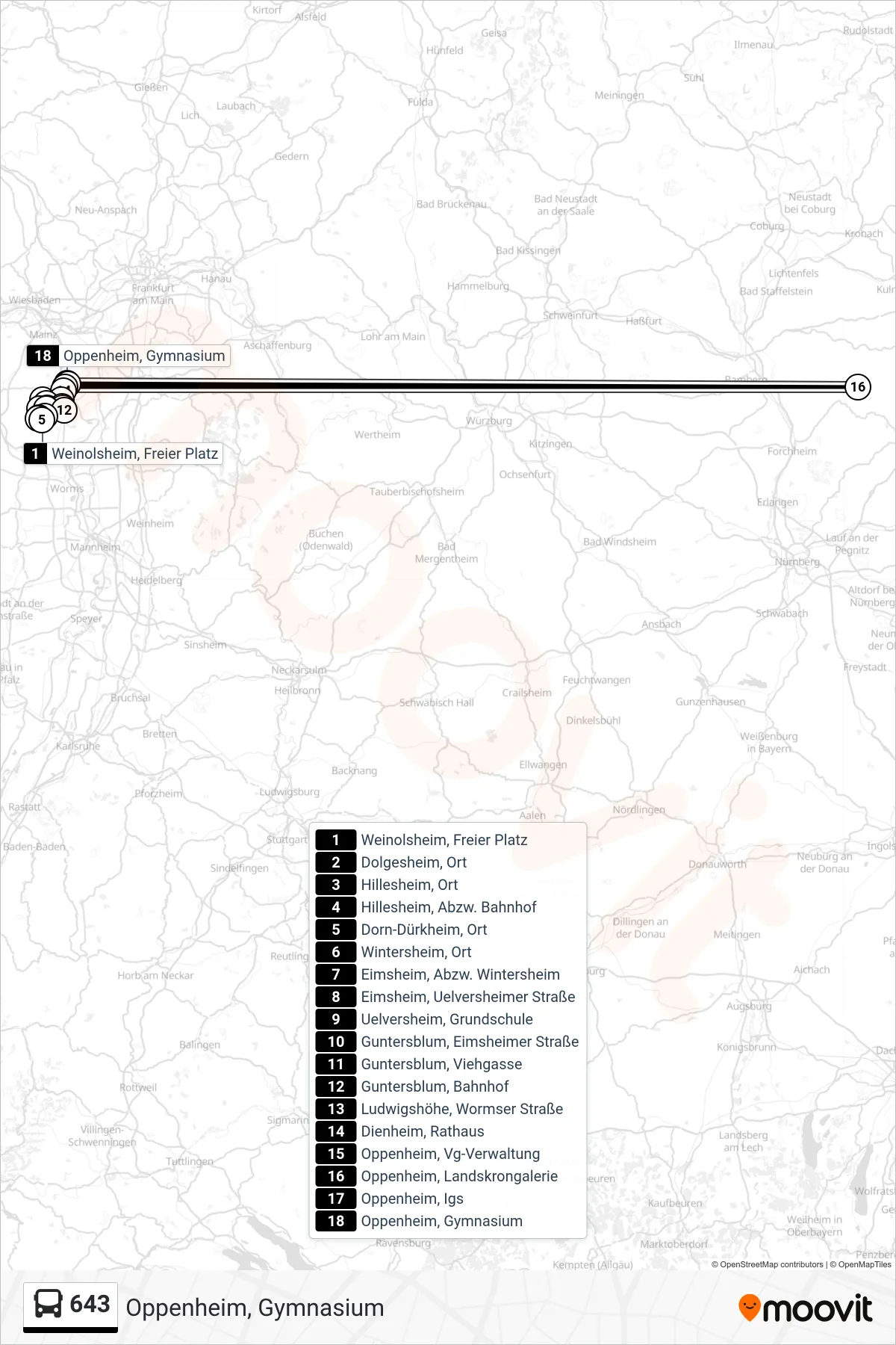 643 bus Line (Oppenheim, Gymnasium) route and stops on a map