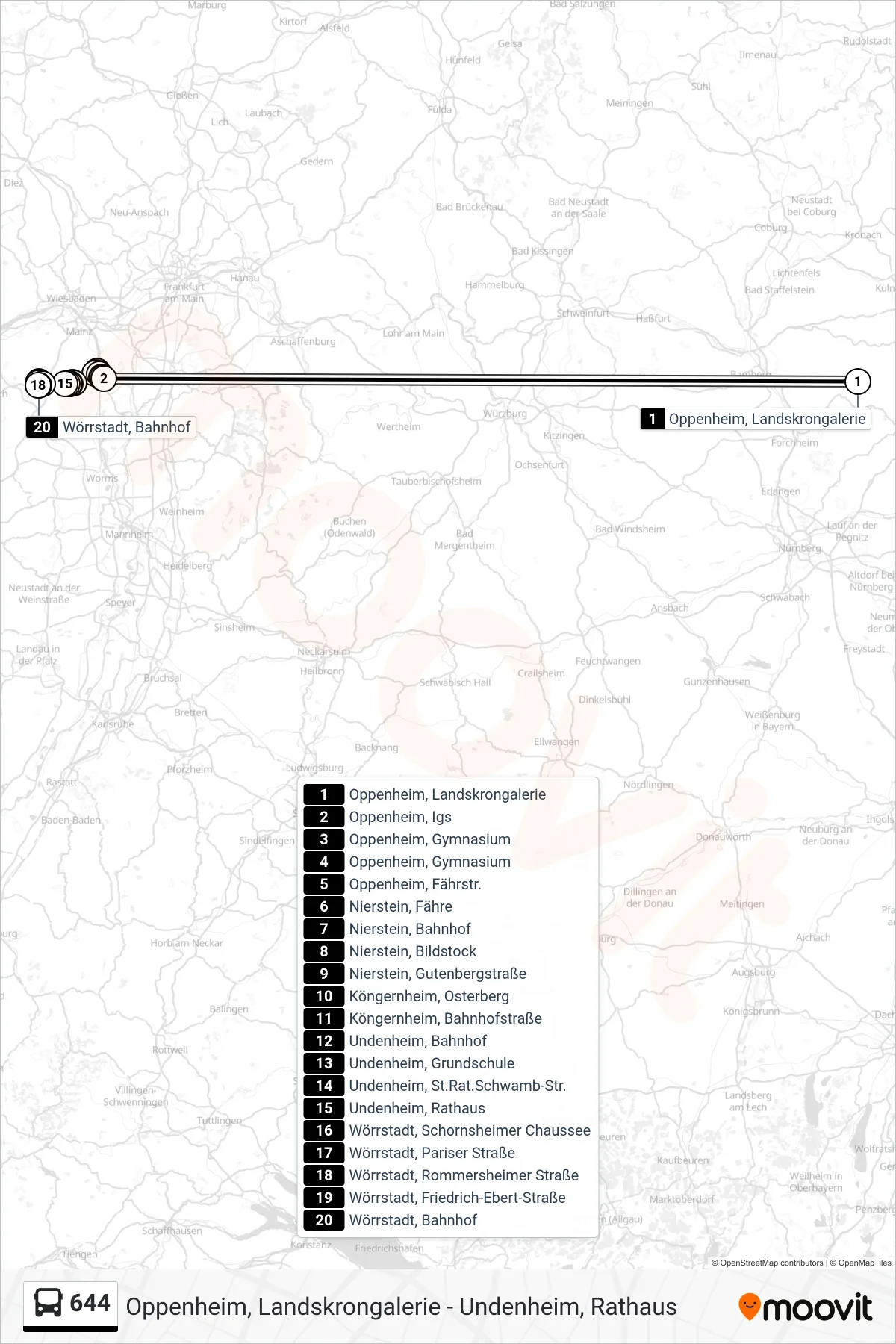 644 bus Line (Wörrstadt, Bahnhof) route and stops on a map