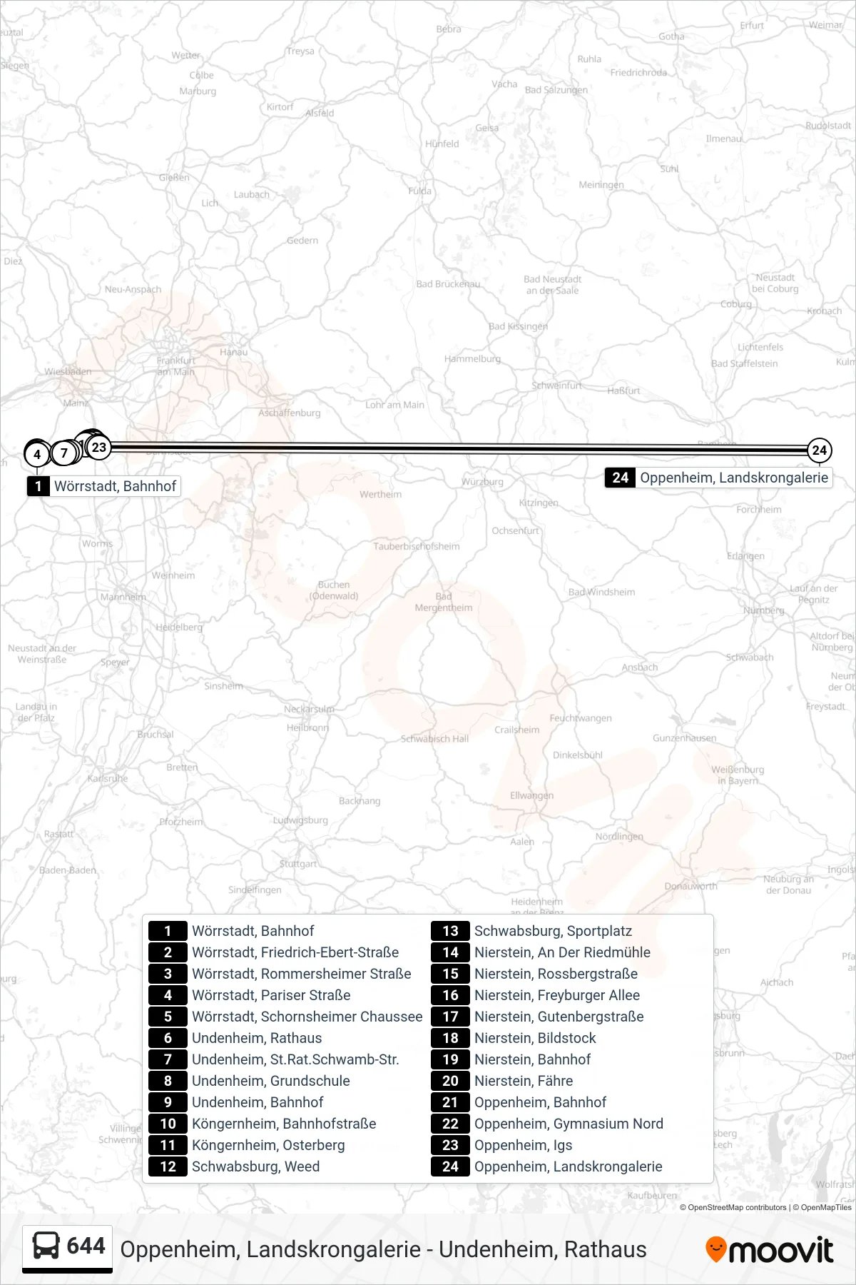 644 bus Line (Oppenheim, Landskrongalerie) route and stops on a map