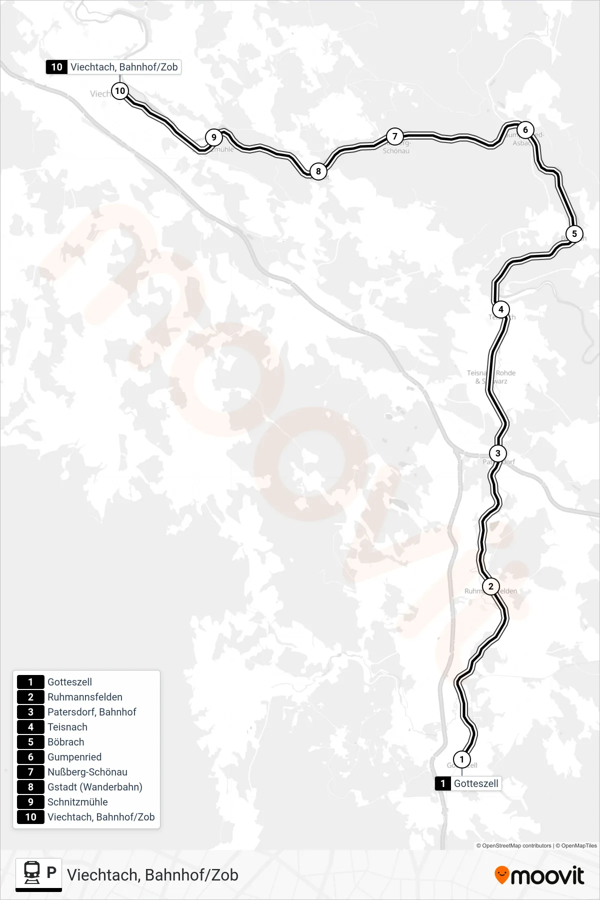 P train Line (Viechtach, Bahnhof/Zob) route and stops on a map