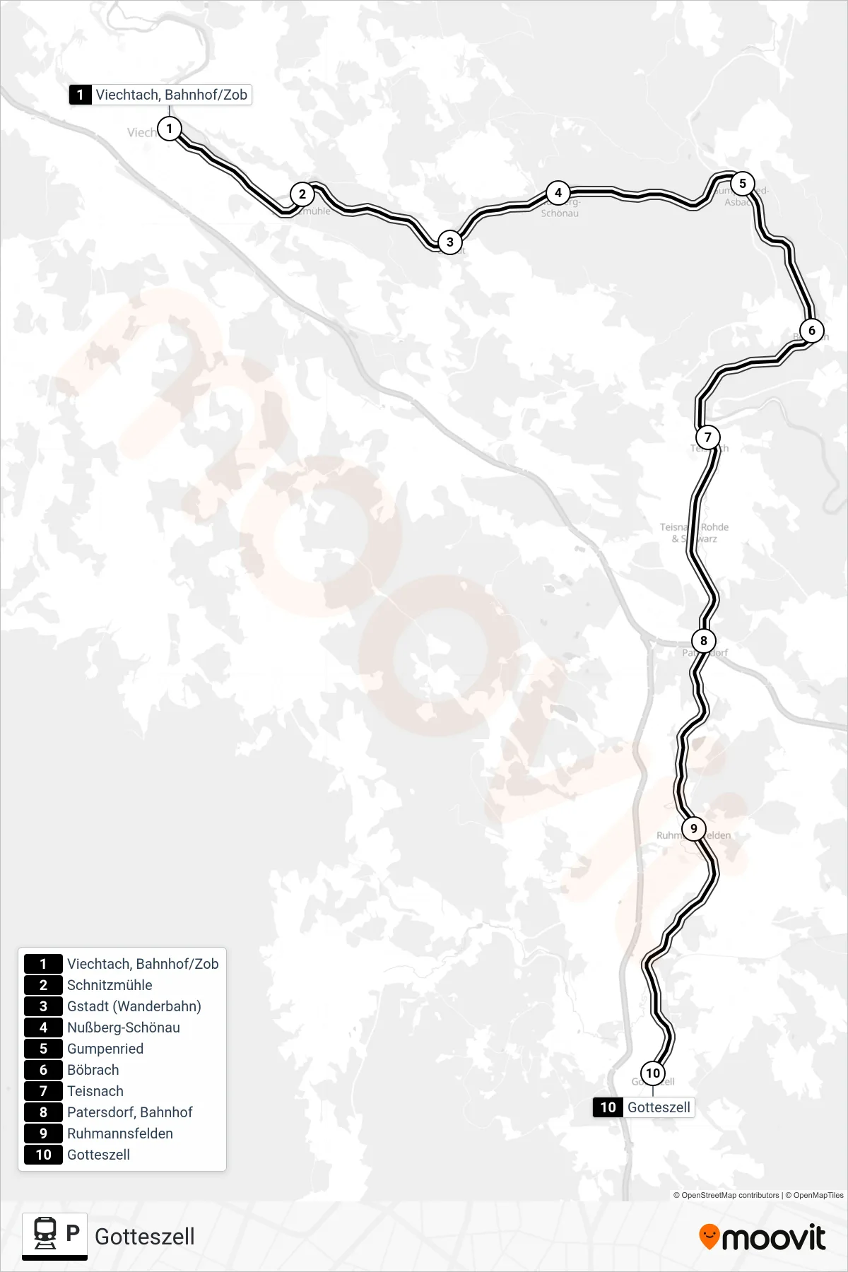 Linie P (Bahn) Richtung Gotteszell: Route und Haltestellen auf der Karte