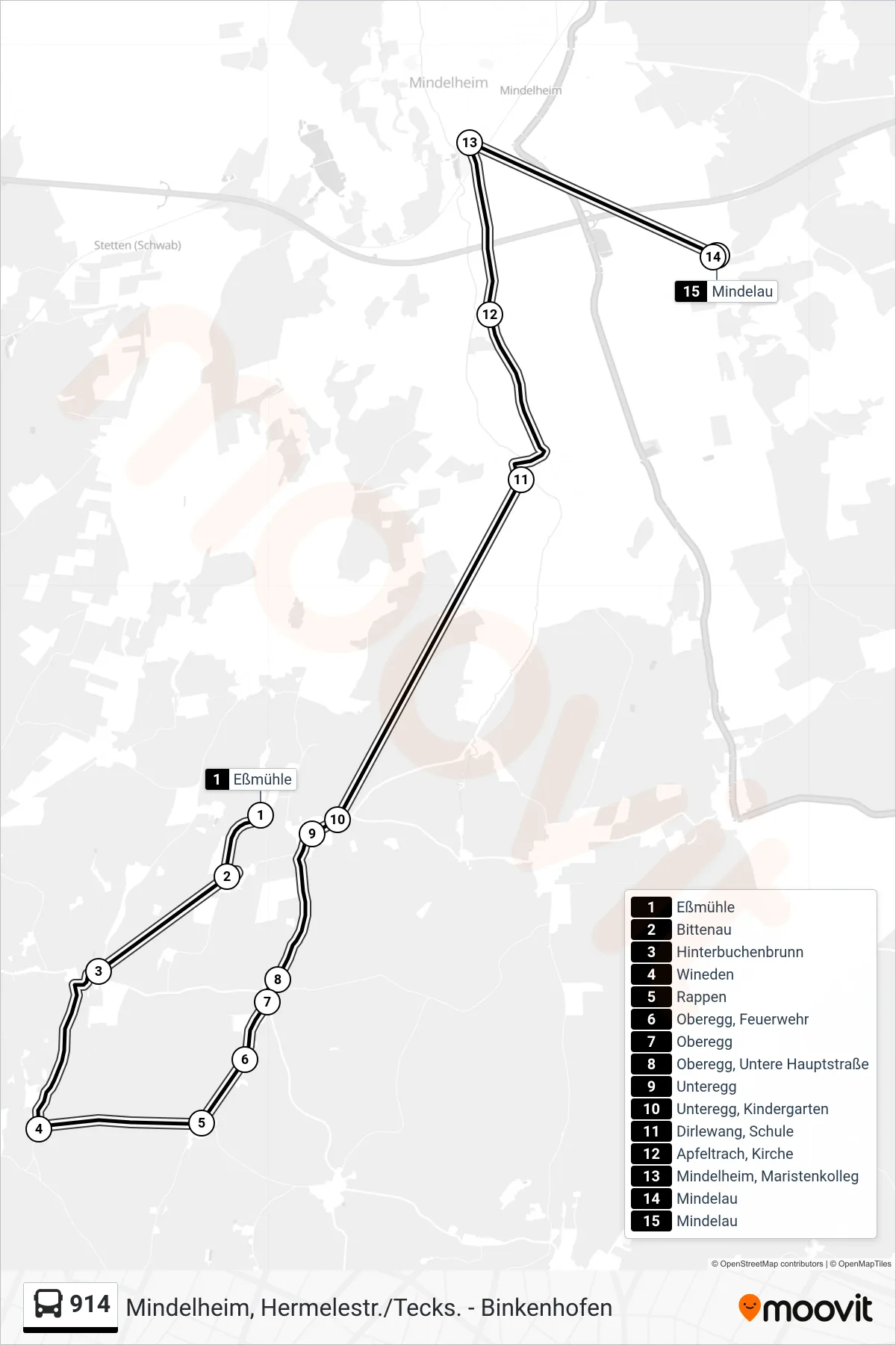 914 bus Line (Mindelau) route and stops on a map