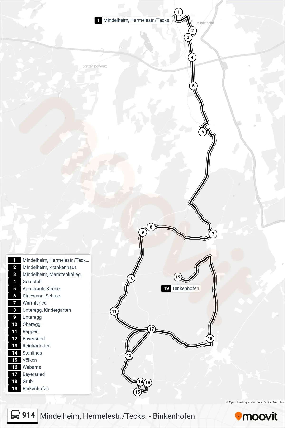 914 bus Line (Grub-Binkenhf.) route and stops on a map